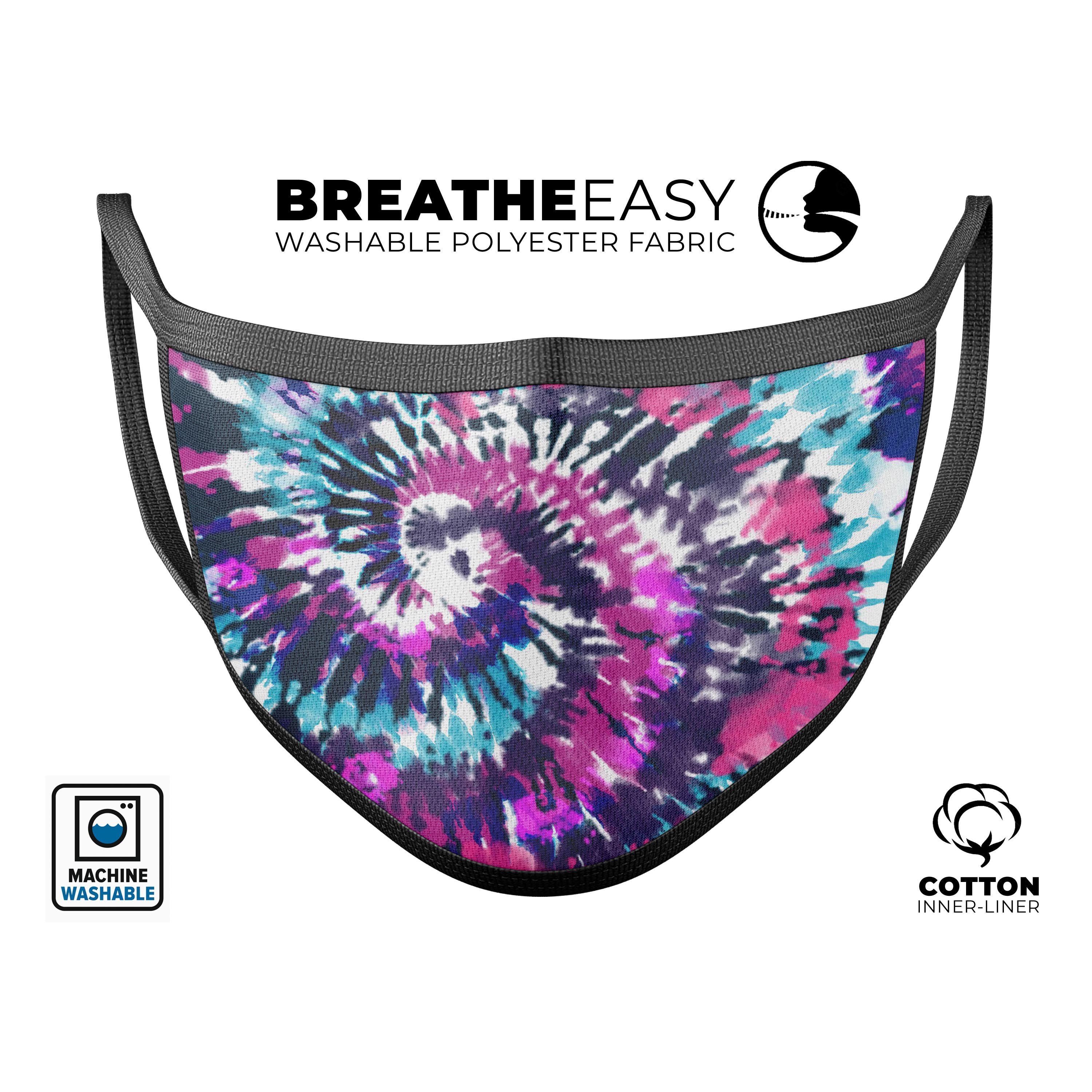 Spiral Tie Dye V3 mouth cover made in USA, featuring vibrant colors and adjustable ear-loops for a perfect fit.