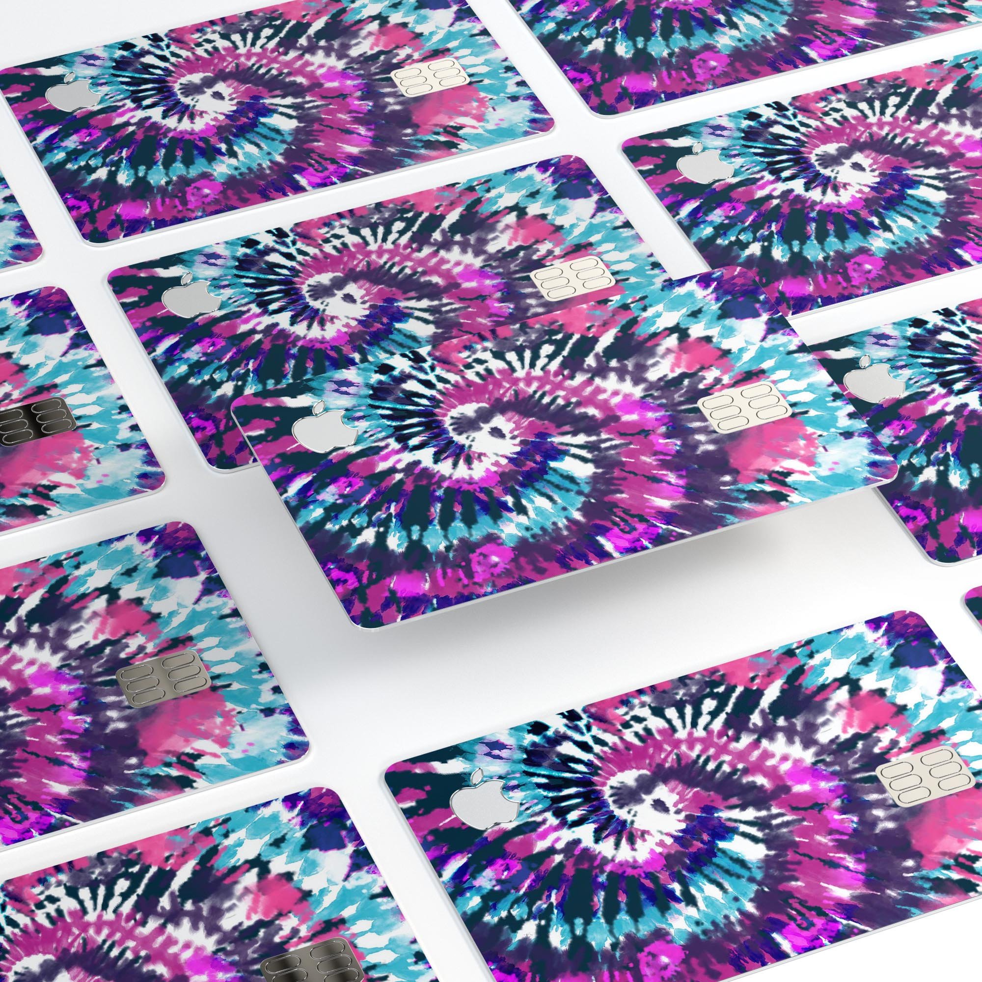 Spiral Tie Dye V3 decal skin for Apple Card, showcasing vibrant colors and premium vinyl material.