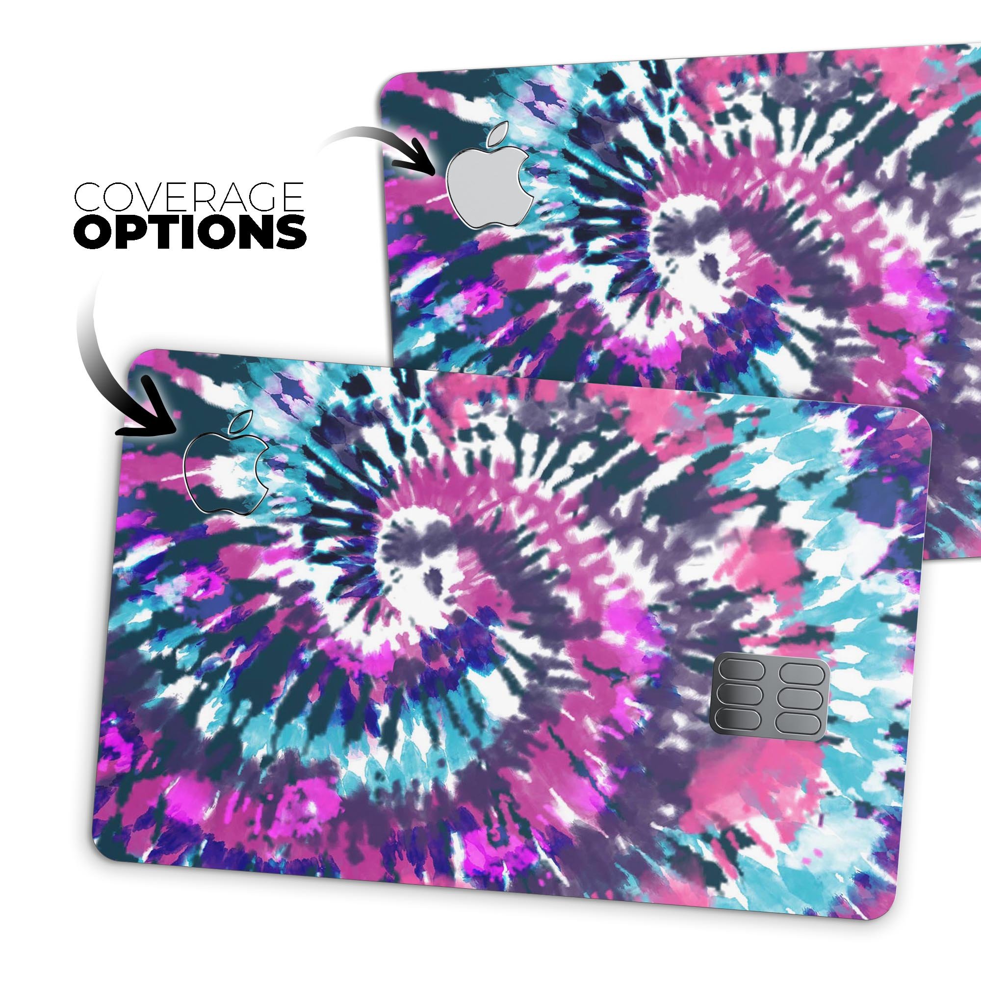 Spiral Tie Dye V3 decal skin for Apple Card, showcasing vibrant colors and premium vinyl material.