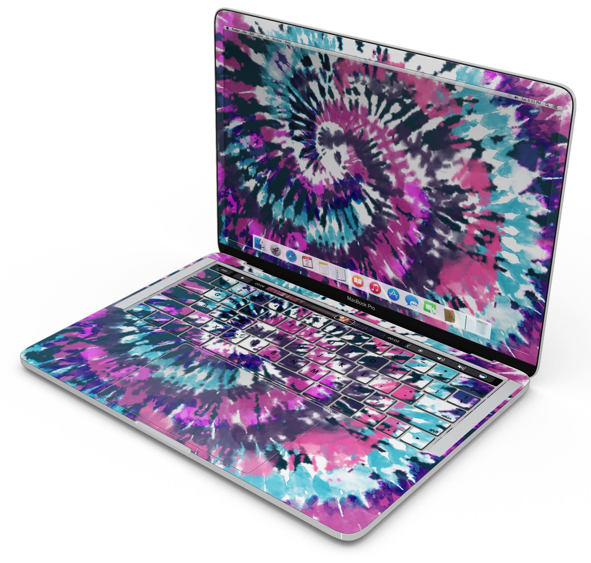 Spiral Tie Dye V3 skin decal wrap kit for Apple MacBook, showcasing vibrant colors and a sleek design.