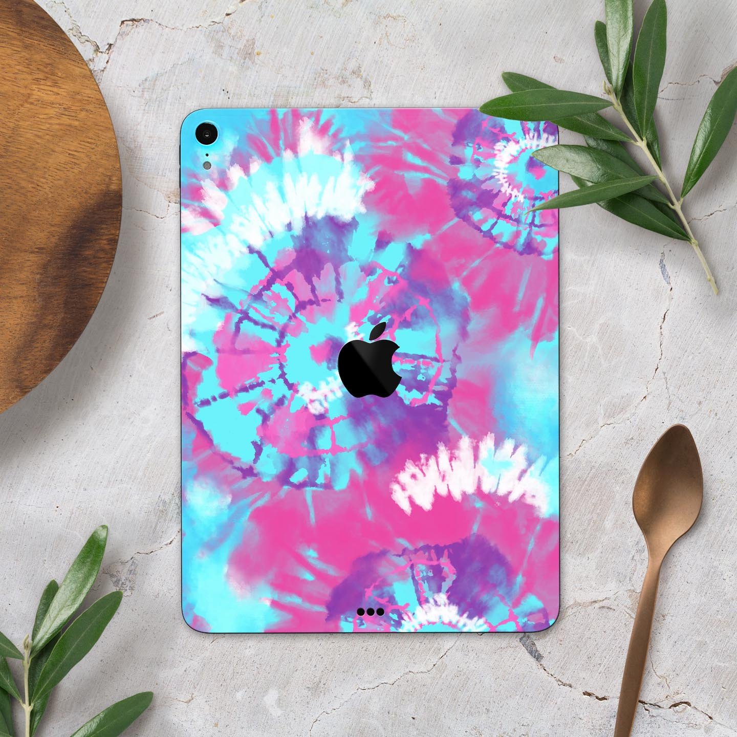 Spiral Tie Dye V5 Full Body Skin Decal for Apple iPad Pro 12.9", showcasing vibrant colors and unique design.