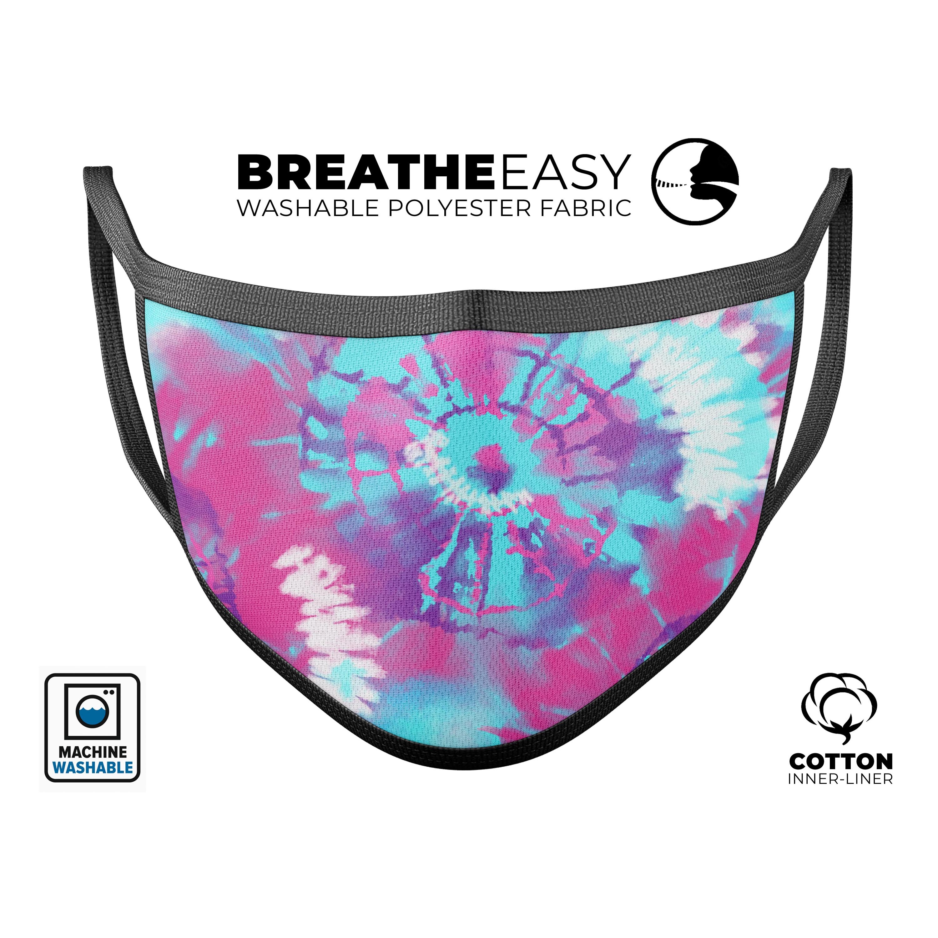 Spiral Tie Dye V5 mouth cover made in the USA, featuring vibrant colors and adjustable ear loops for a comfortable fit.