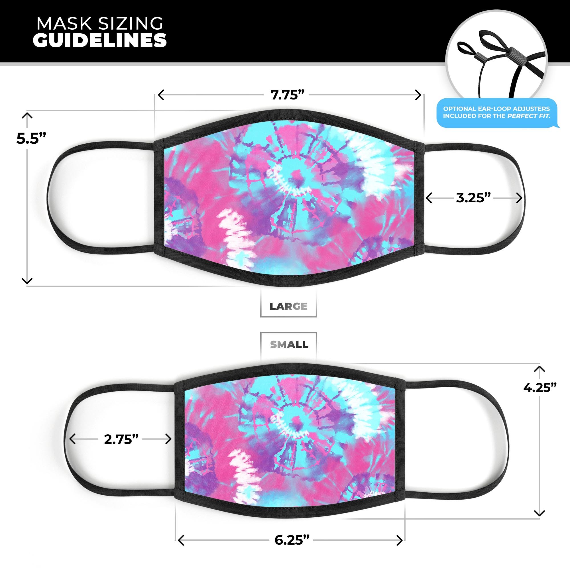 Spiral Tie Dye V5 mouth cover made in the USA, featuring vibrant colors and adjustable ear loops for a comfortable fit.