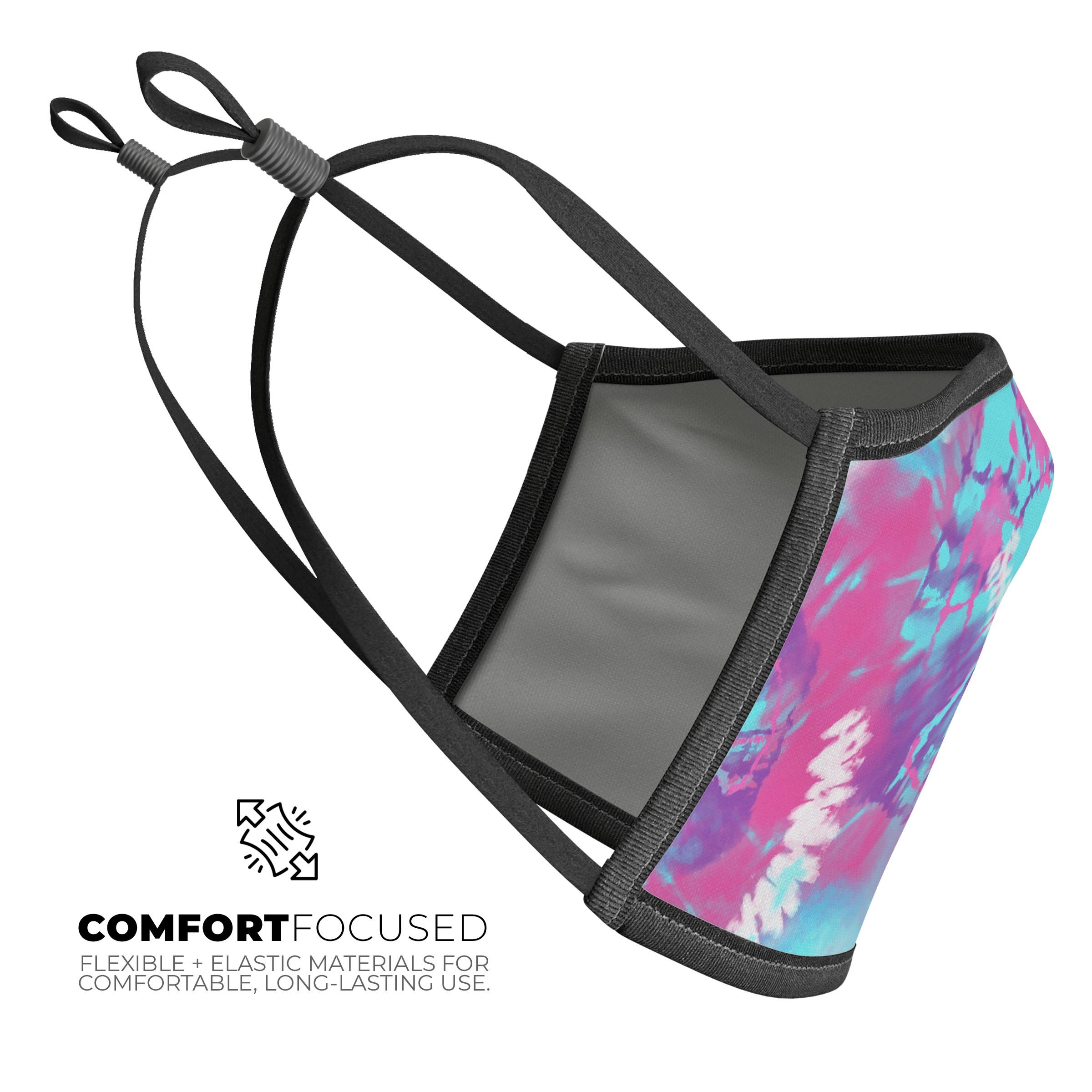 Spiral Tie Dye V5 mouth cover made in the USA, featuring vibrant colors and adjustable ear loops for a comfortable fit.