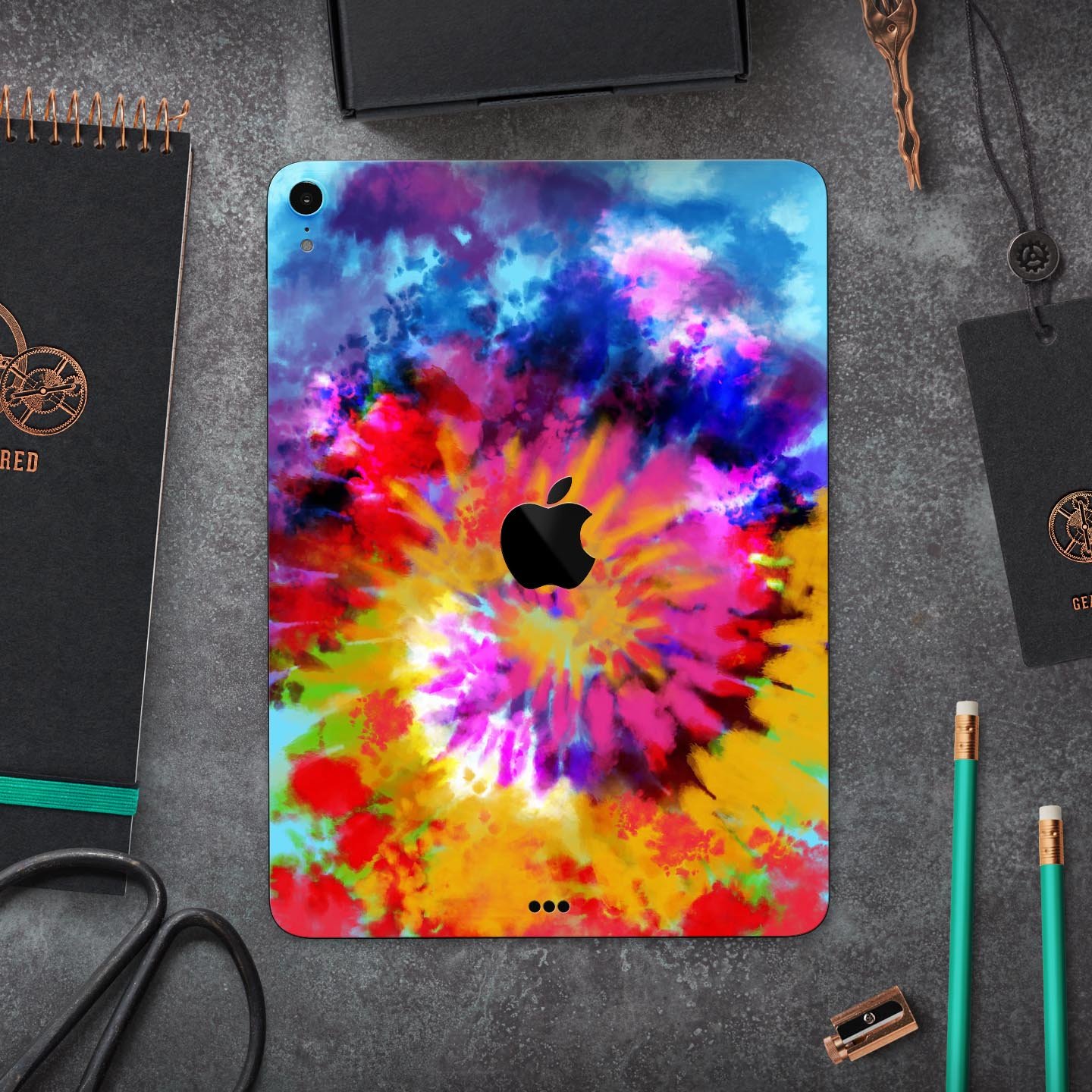 Spiral Tie Dye V8 skin decal for Apple iPad Pro 12.9, showcasing vibrant colors and premium 3M material.