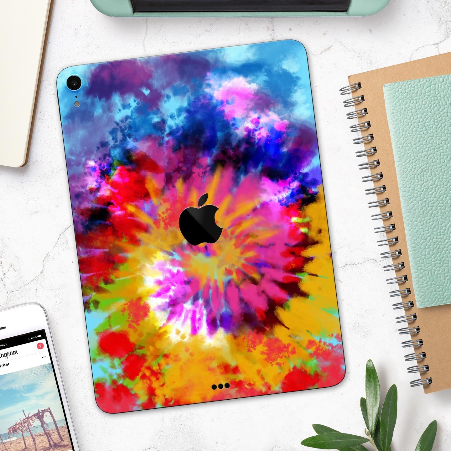 Spiral Tie Dye V8 skin decal for Apple iPad Pro 12.9, showcasing vibrant colors and premium 3M material.