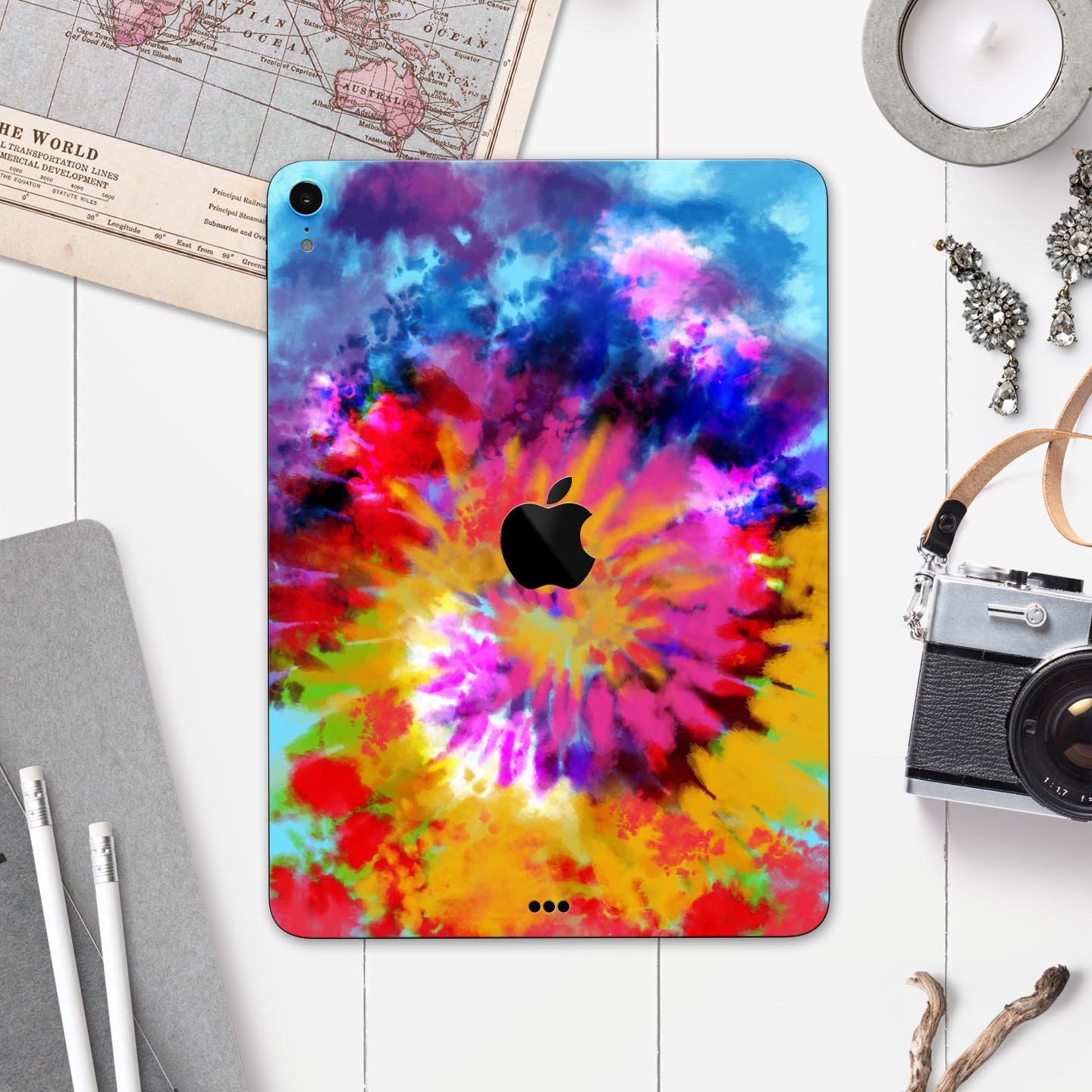Spiral Tie Dye V8 skin decal for Apple iPad Pro 12.9, showcasing vibrant colors and premium 3M material.