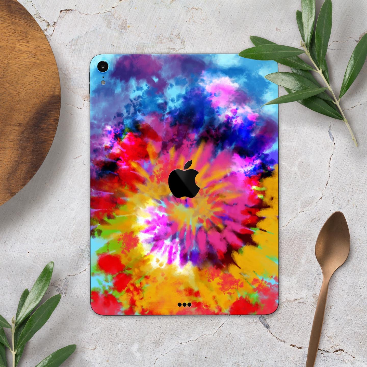 Spiral Tie Dye V8 skin decal for Apple iPad Pro 12.9, showcasing vibrant colors and premium 3M material.