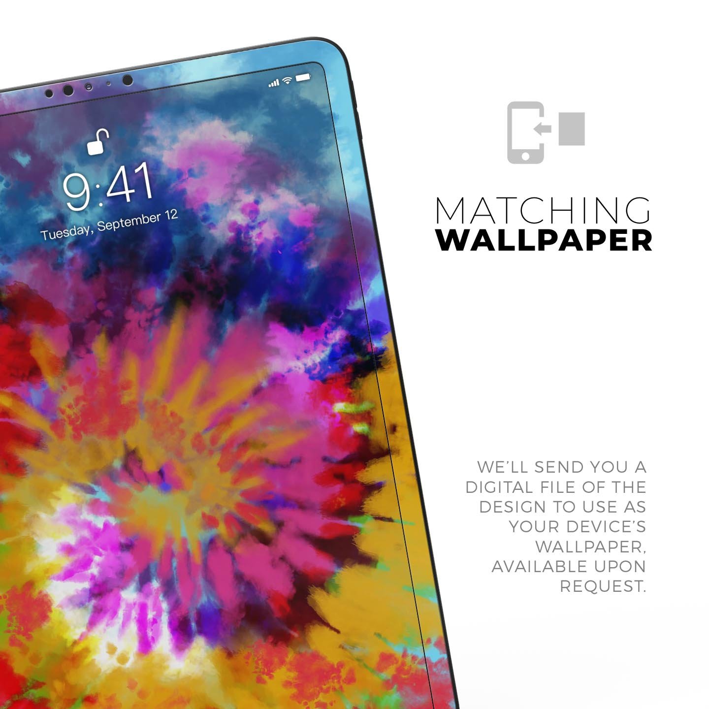 Spiral Tie Dye V8 skin decal for Apple iPad Pro 12.9, showcasing vibrant colors and premium 3M material.