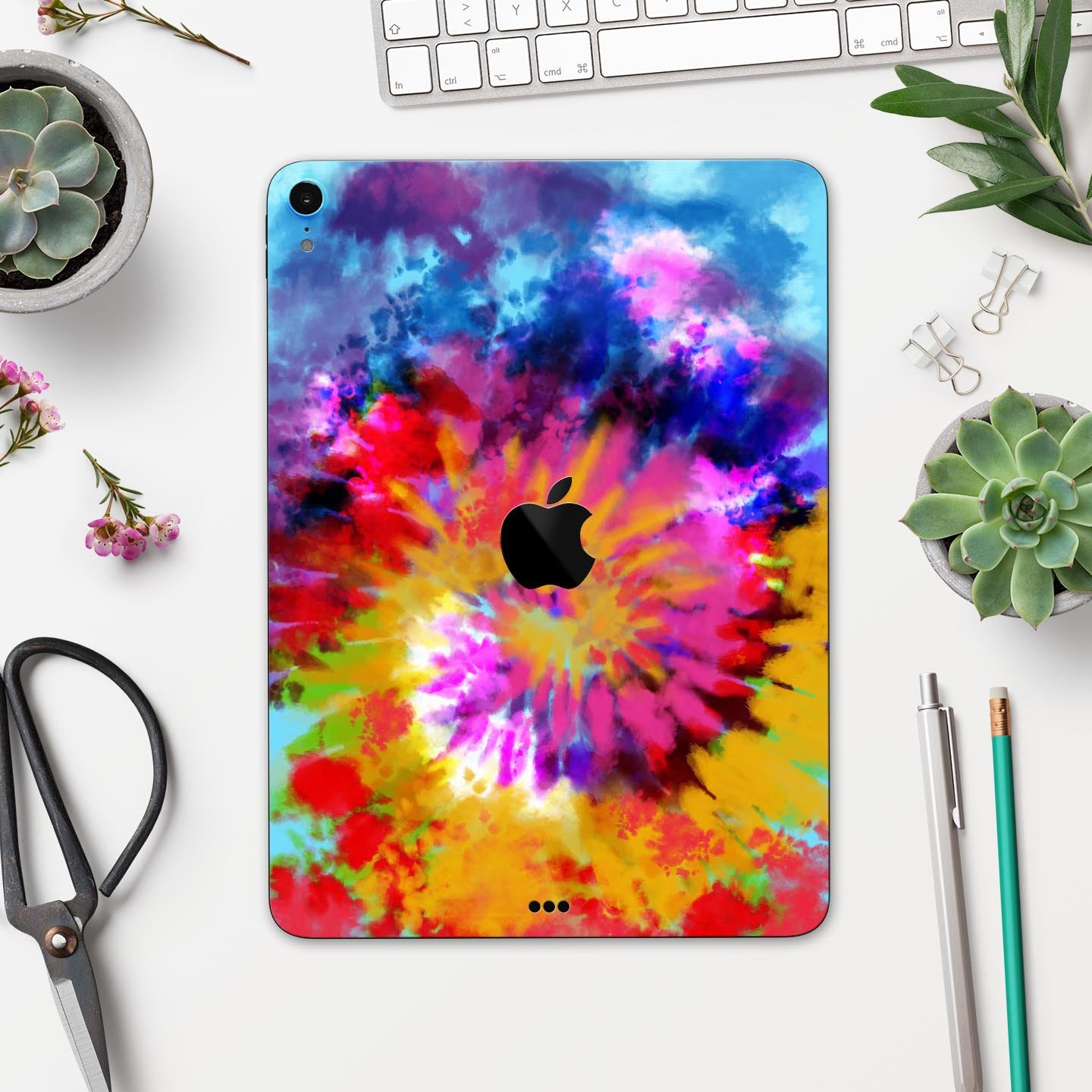 Spiral Tie Dye V8 skin decal for Apple iPad Pro 12.9, showcasing vibrant colors and premium 3M material.