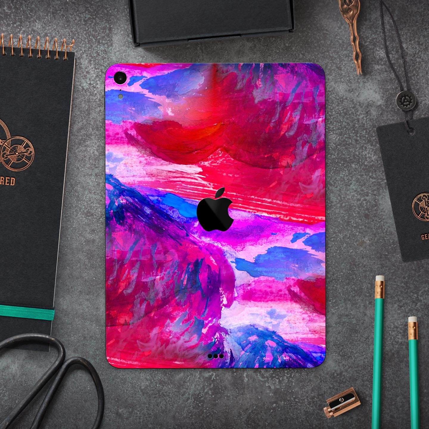 Splatter Blue and Red Oil skin decal for Apple iPad, showcasing vibrant colors and premium design.