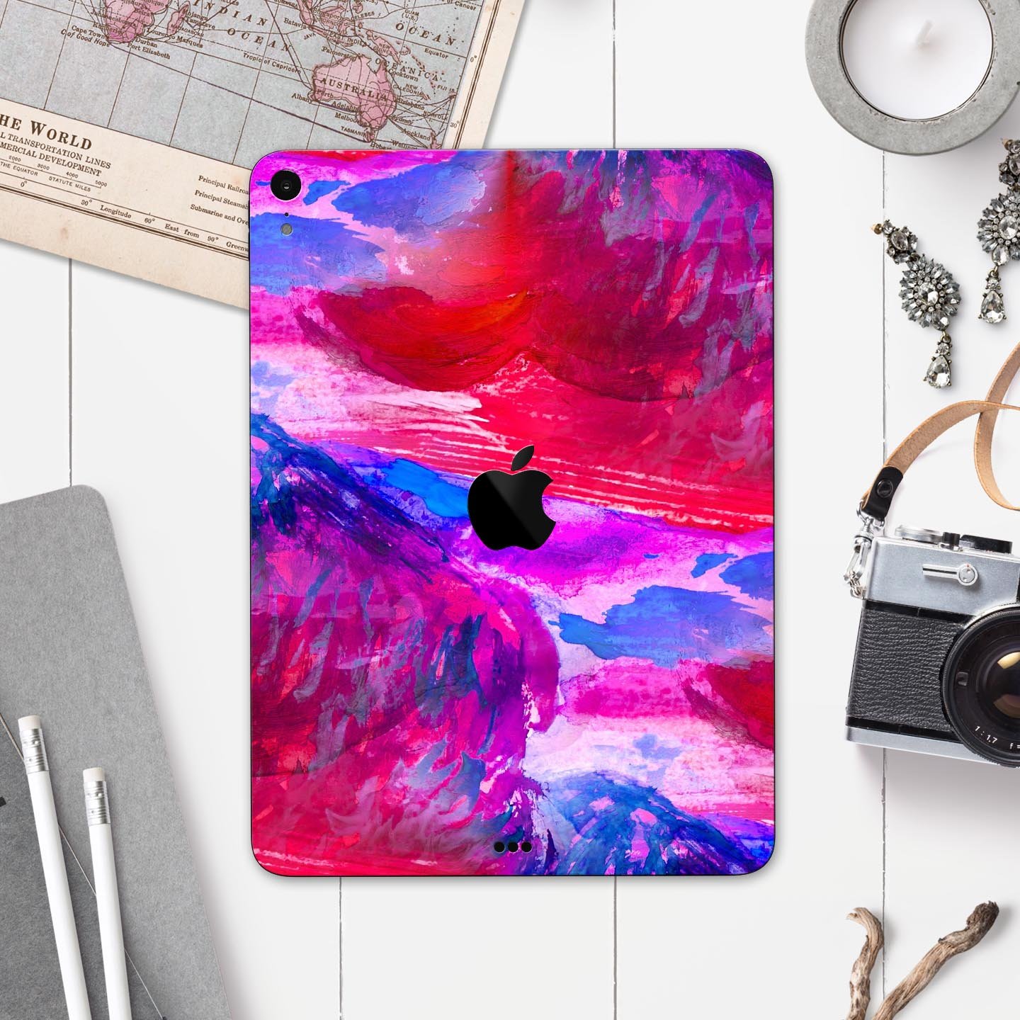 Splatter Blue and Red Oil skin decal for Apple iPad, showcasing vibrant colors and premium design.