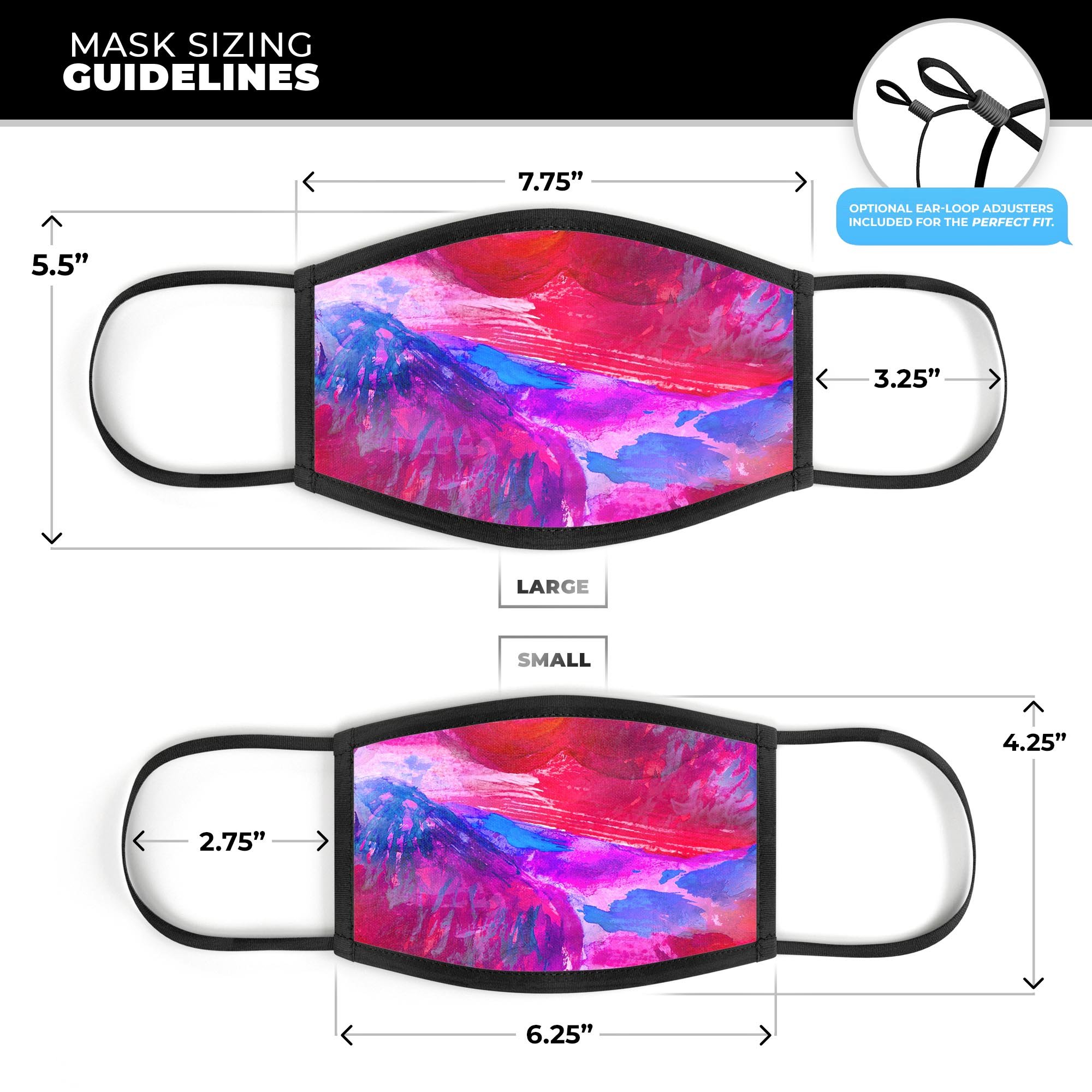 Splatter Blue and Red Oil face mask, featuring a vibrant design, adjustable ear-loops, and a comfortable cotton interior.