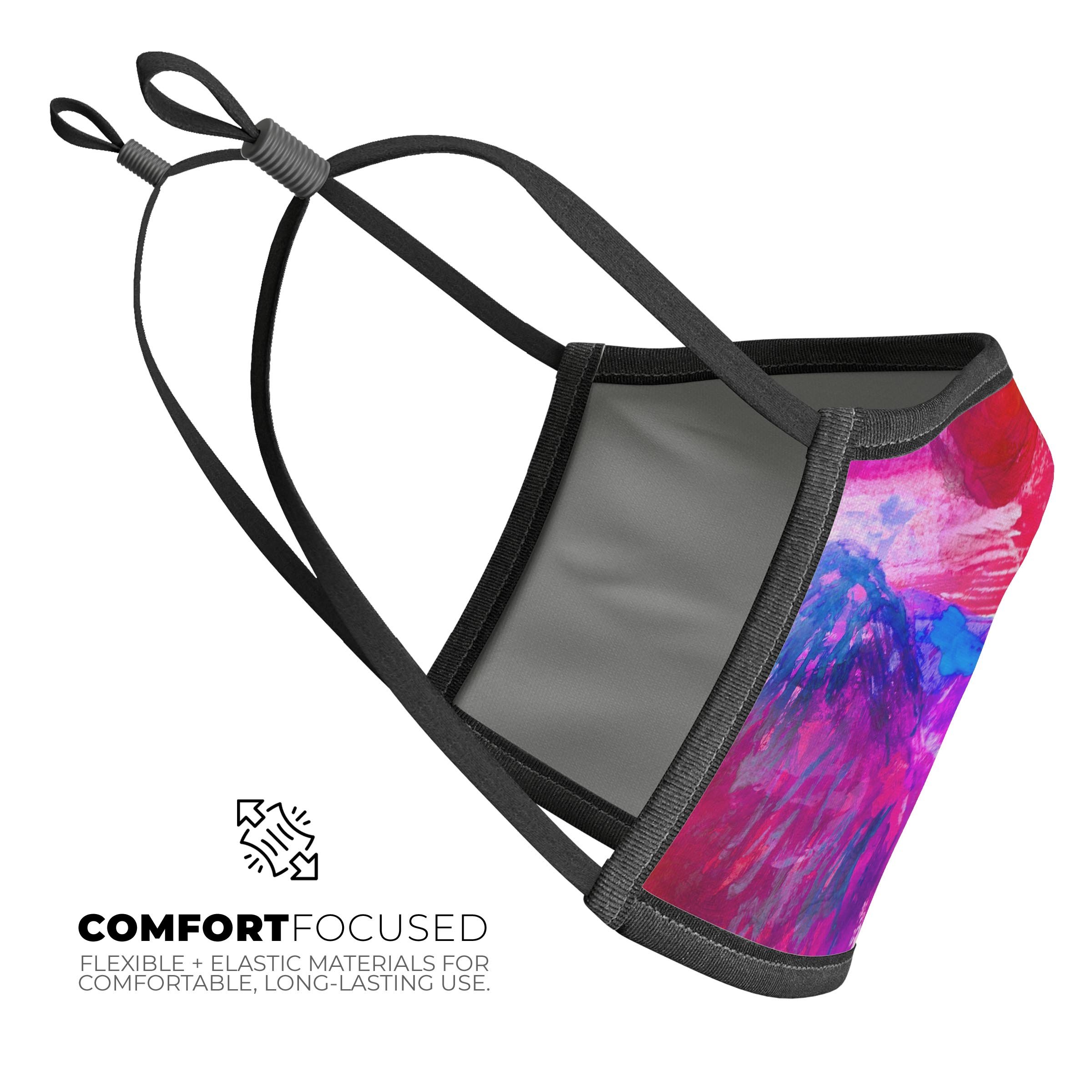 Splatter Blue and Red Oil face mask, featuring a vibrant design, adjustable ear-loops, and a comfortable cotton interior.