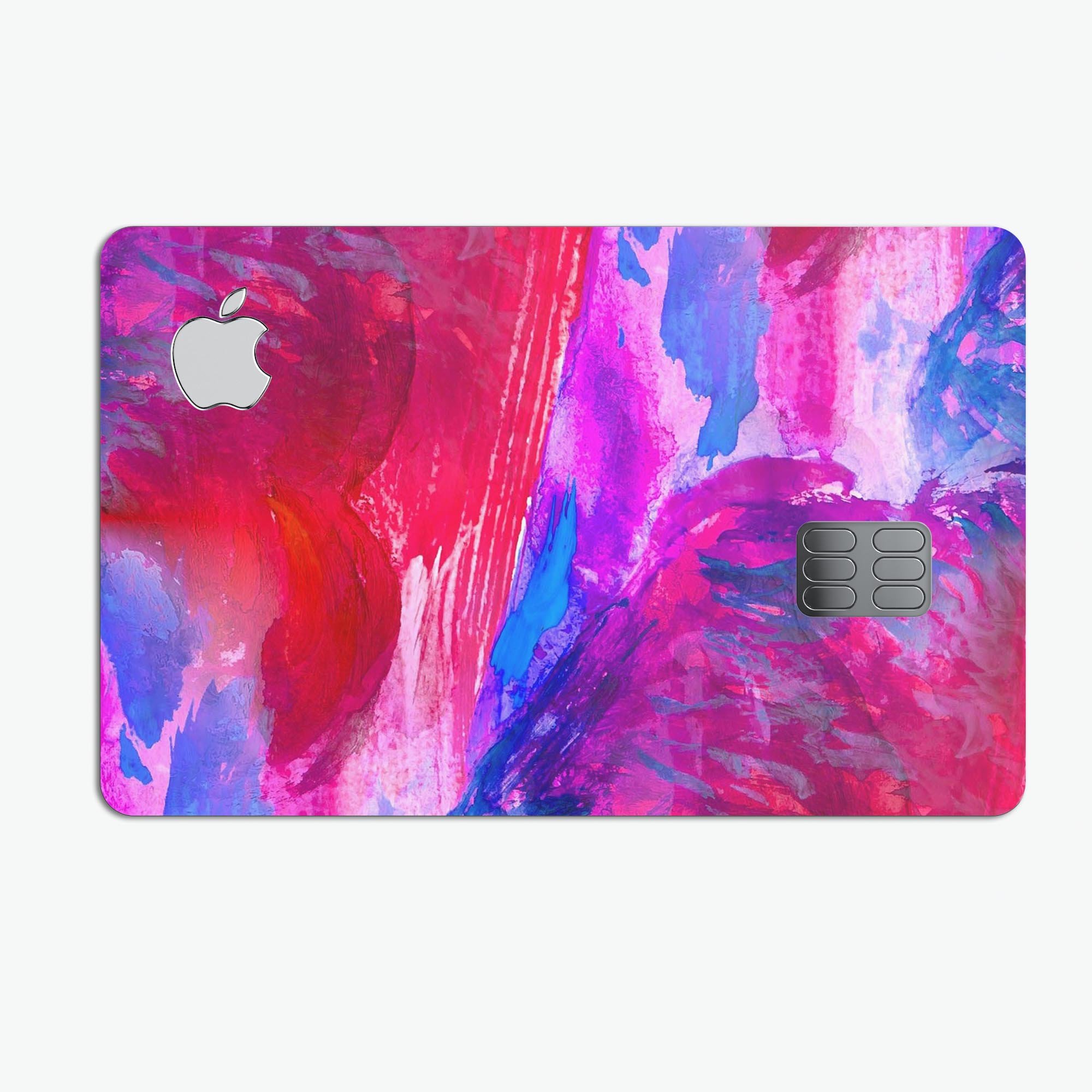 Splatter Blue and Red Oil skin kit for Apple Card, showcasing vibrant colors and premium vinyl material.