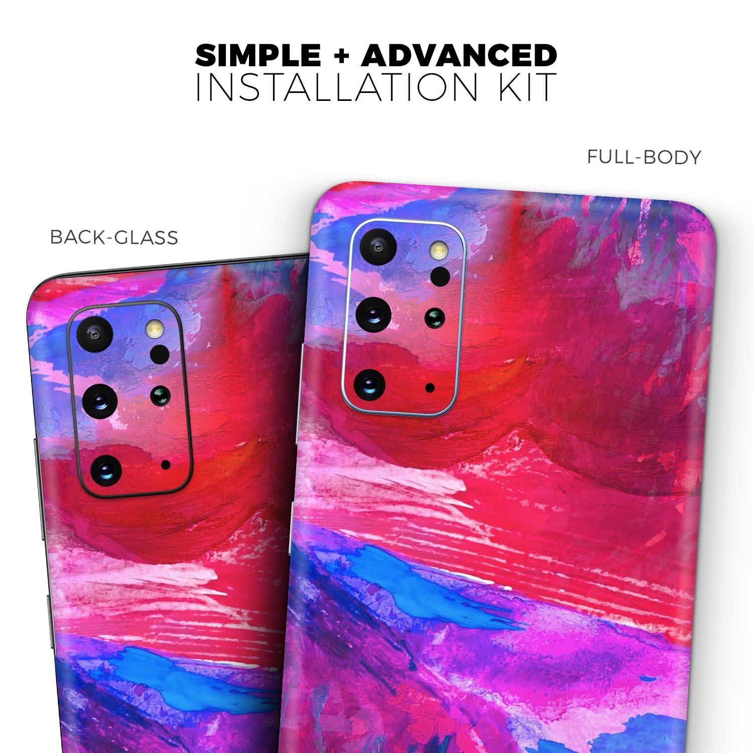 Splatter Blue and Red Oil Skin-Kit for Samsung Galaxy S-Series, showcasing vibrant colors and a sleek design.