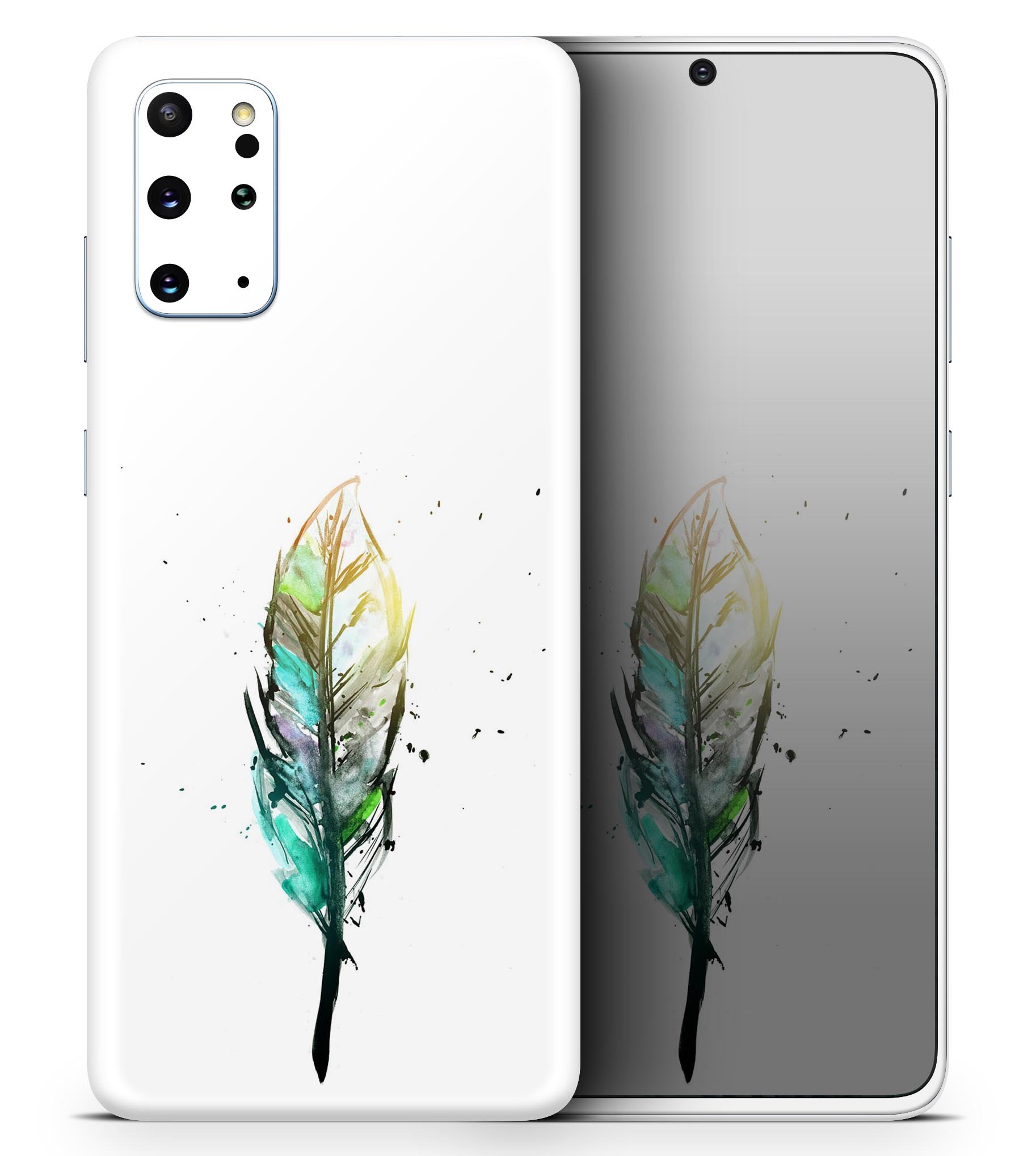 Splatter Watercolor Feather Skin-Kit for Samsung Galaxy S20, showcasing vibrant colors and unique design.