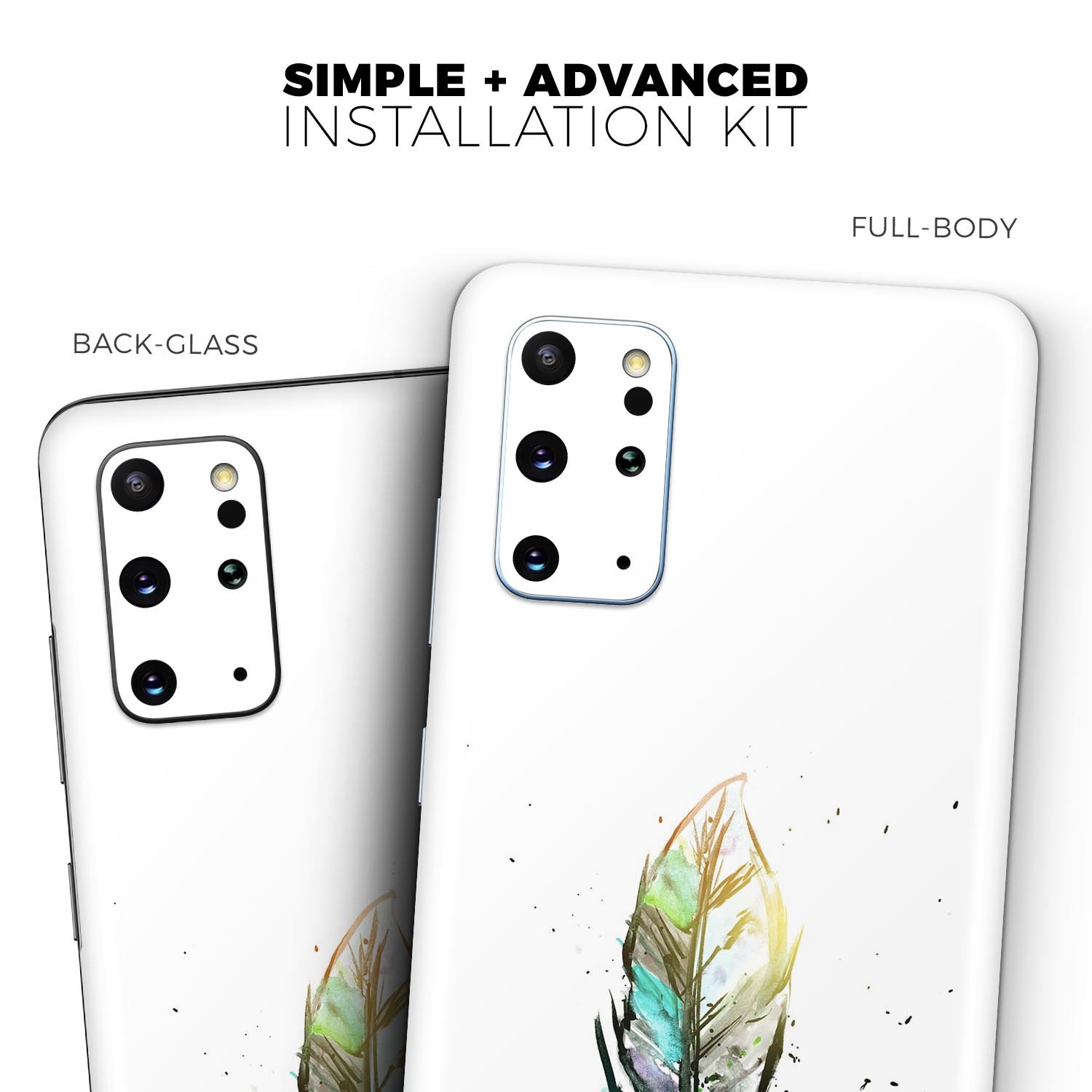 Splatter Watercolor Feather Skin-Kit for Samsung Galaxy S20, showcasing vibrant colors and unique design.