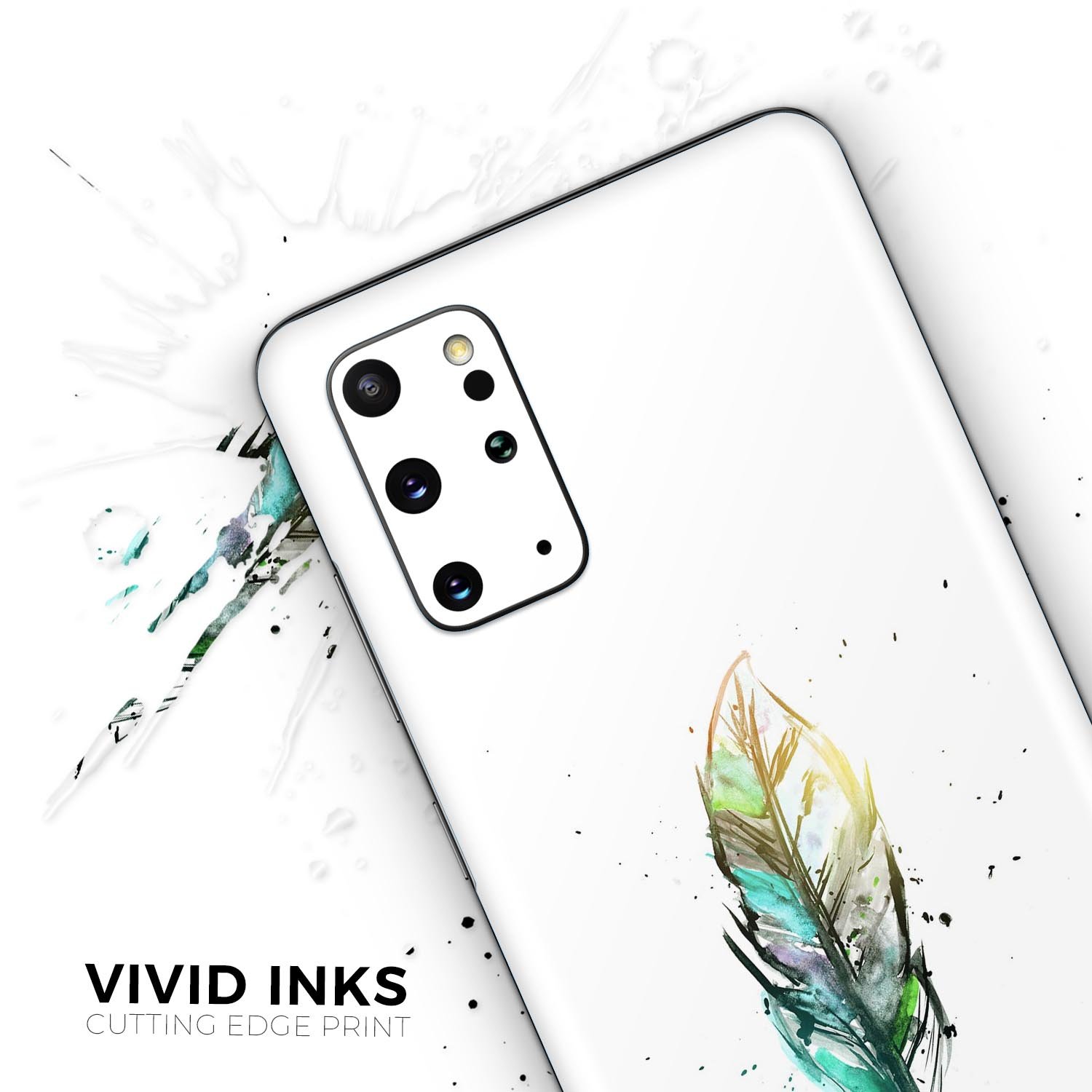 Splatter Watercolor Feather Skin-Kit for Samsung Galaxy S20, showcasing vibrant colors and unique design.