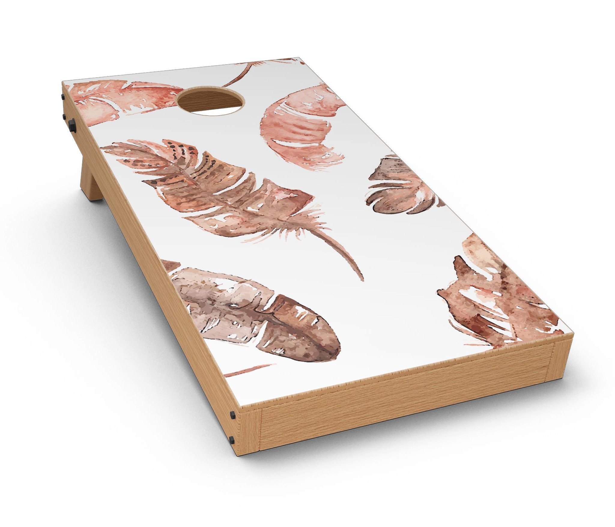 Splattered Burnt Orange Feathers Cornhole Board Skin Decal Kit showcasing vibrant colors and unique feather design.