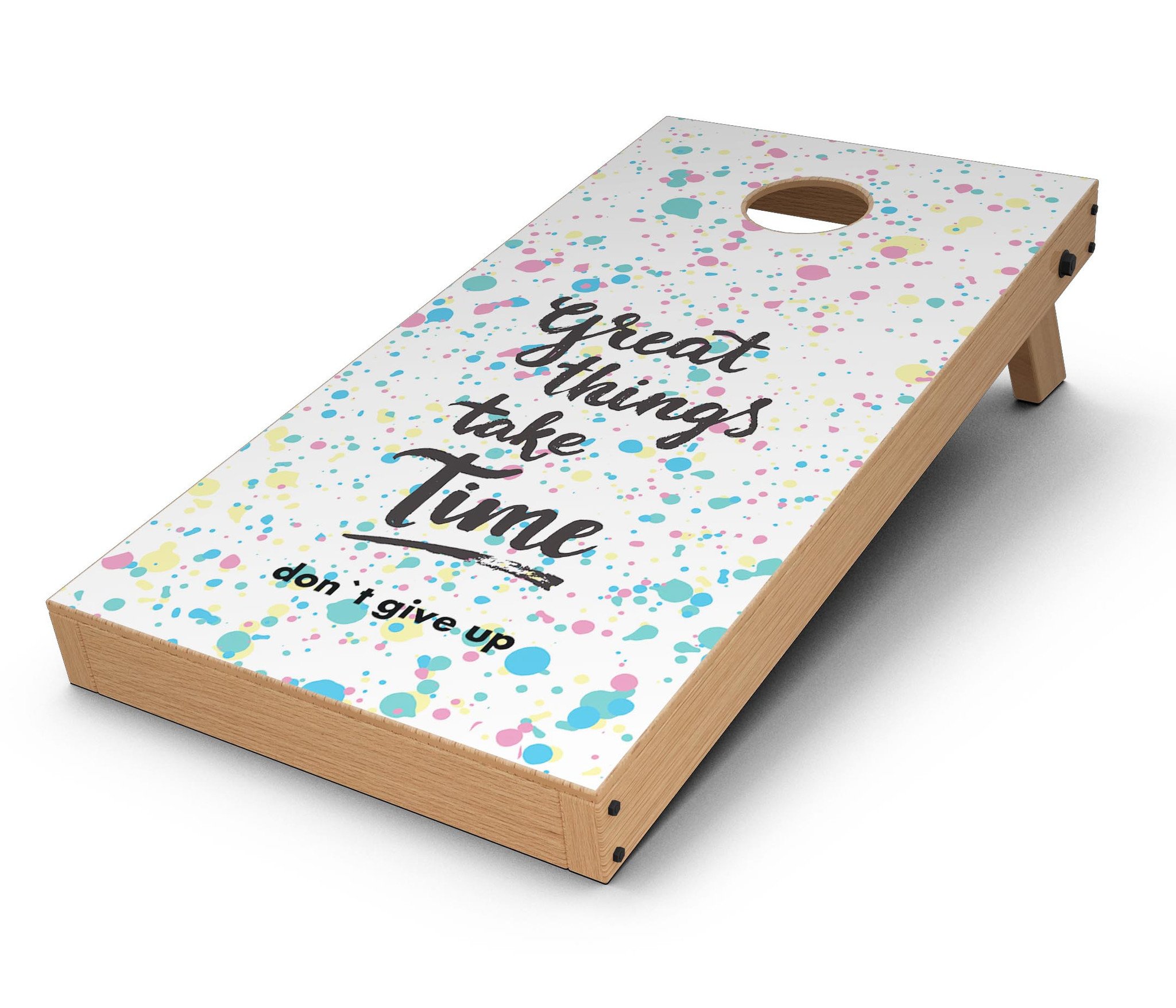 Splattered Great Things Take Time CornHole Board Skin Decal Kit showcasing vibrant colors and unique design for Cornhole boards.