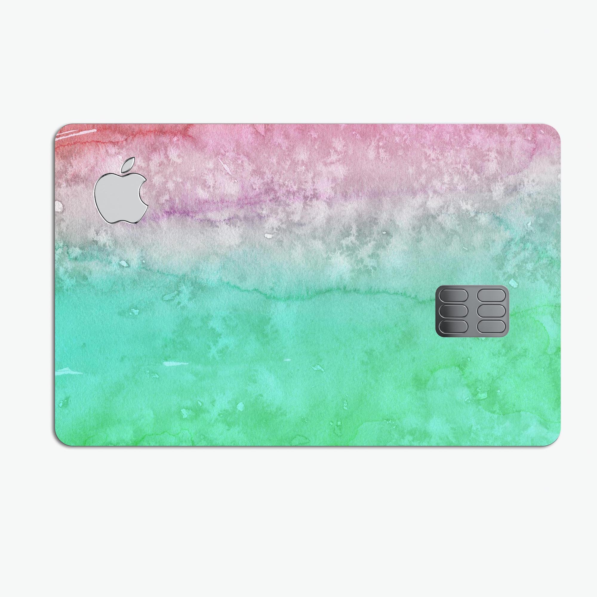 Splattered Mint Absorbed Watercolor Texture decal on an Apple Card, showcasing vibrant colors and a protective design.