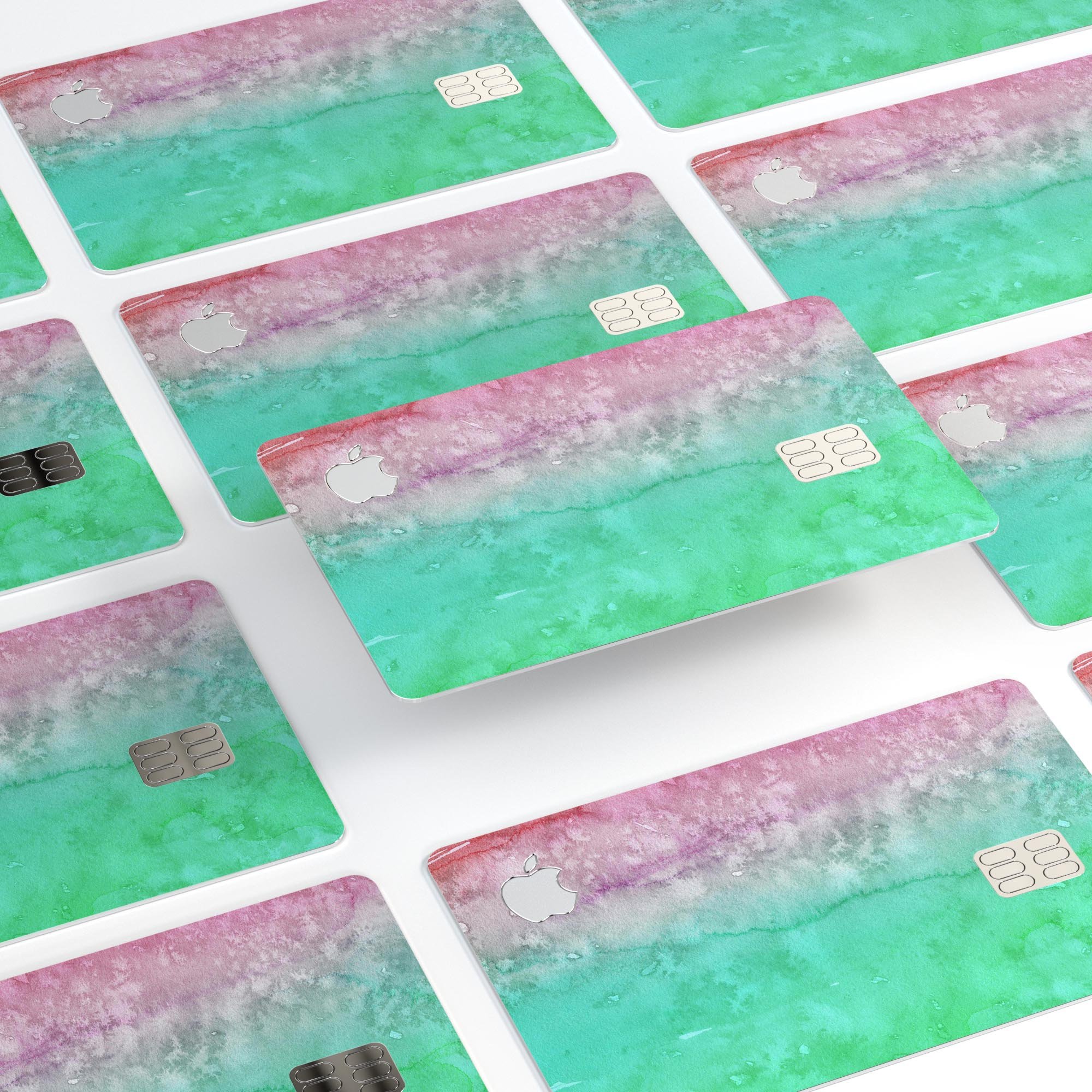 Splattered Mint Absorbed Watercolor Texture decal on an Apple Card, showcasing vibrant colors and a protective design.