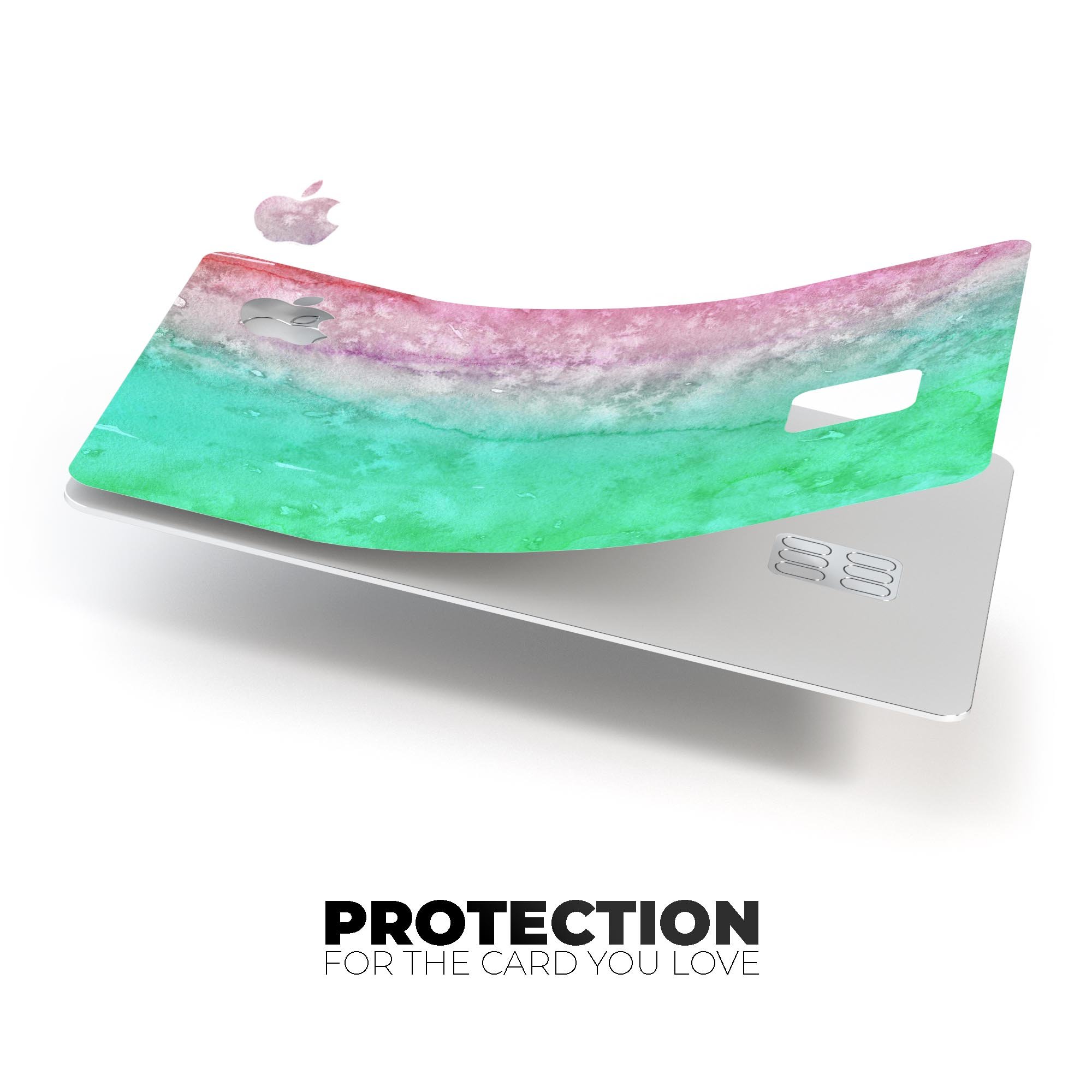 Splattered Mint Absorbed Watercolor Texture decal on an Apple Card, showcasing vibrant colors and a protective design.