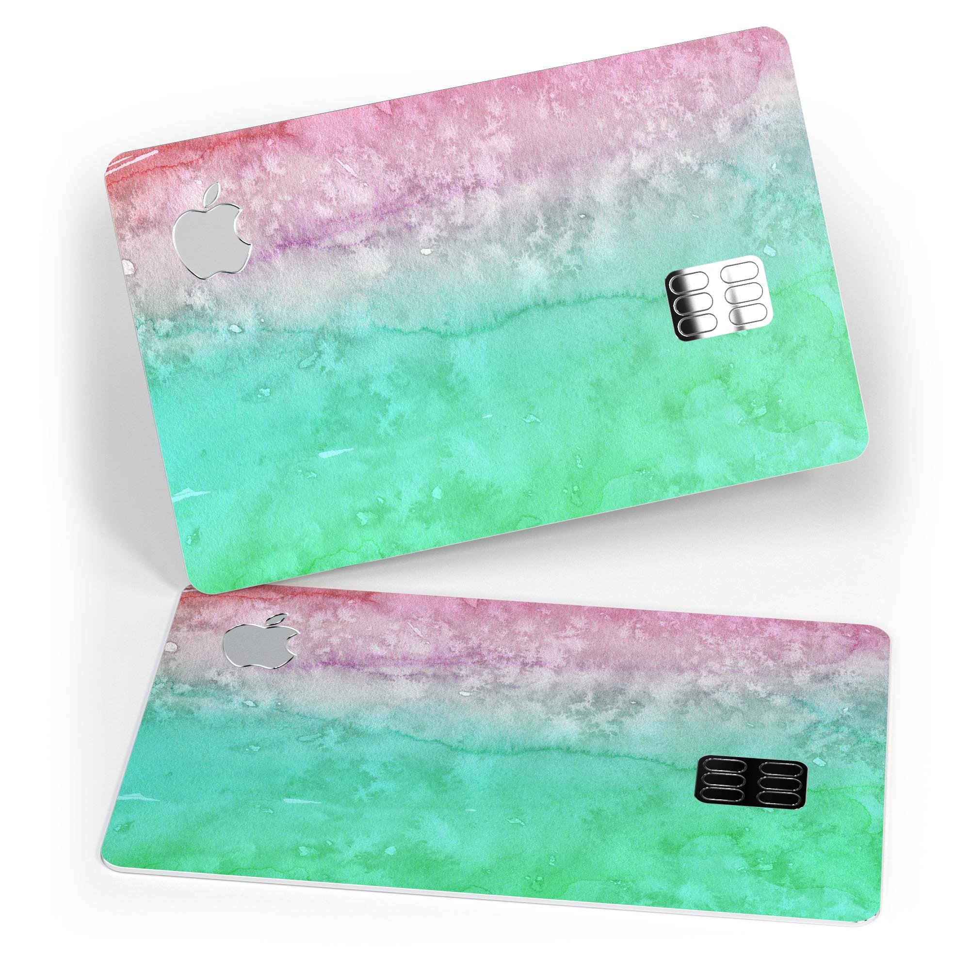 Splattered Mint Absorbed Watercolor Texture decal on an Apple Card, showcasing vibrant colors and a protective design.
