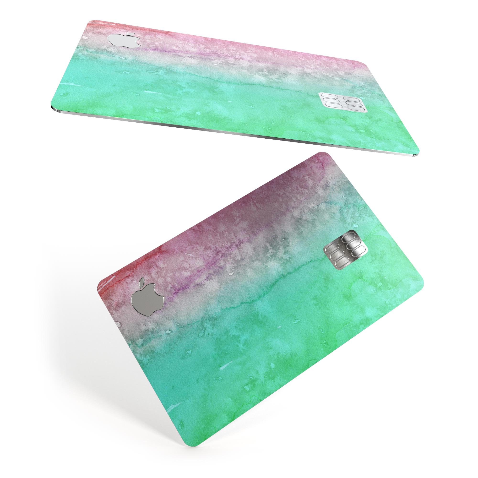 Splattered Mint Absorbed Watercolor Texture decal on an Apple Card, showcasing vibrant colors and a protective design.