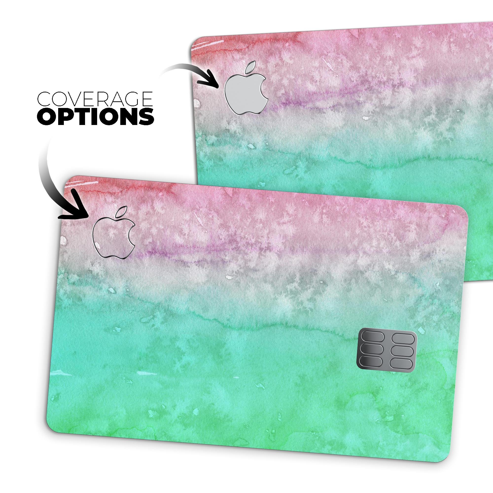 Splattered Mint Absorbed Watercolor Texture decal on an Apple Card, showcasing vibrant colors and a protective design.