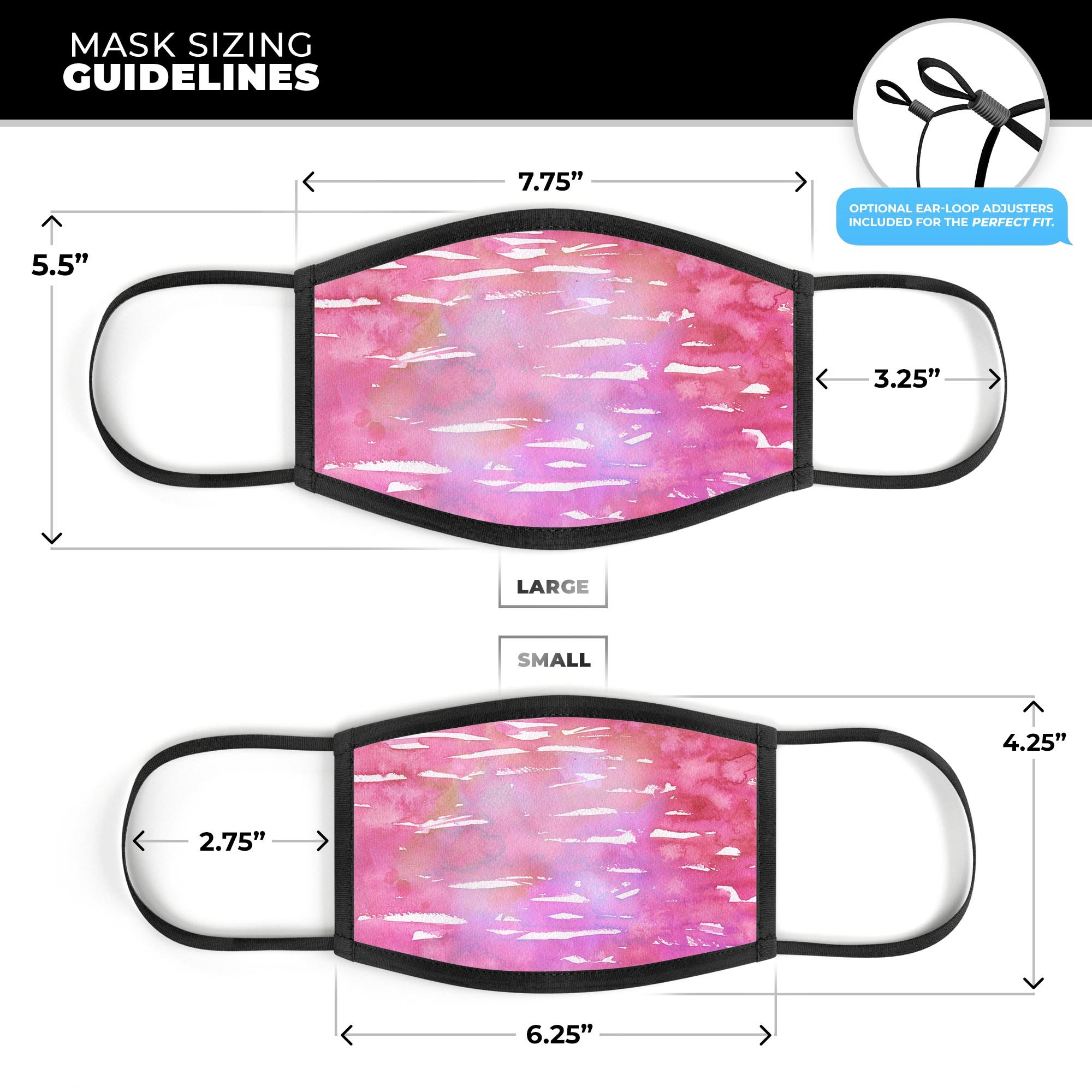 Splattered Pink 3D face mask made in the USA, featuring adjustable ear loops and a soft cotton interior for comfort.