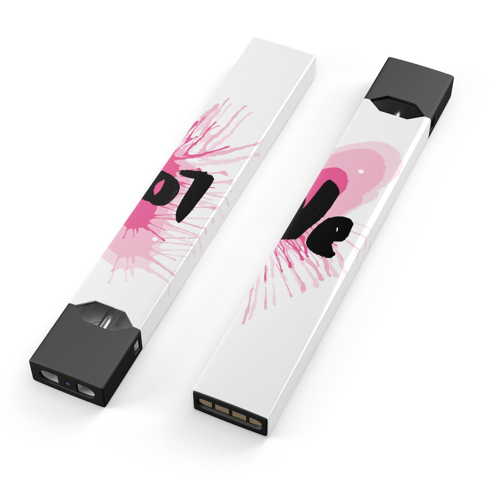 Splattered Pink Love premium decal skin-wrap sticker designed for JUUL vaping device, showcasing vibrant colors and precise cut.
