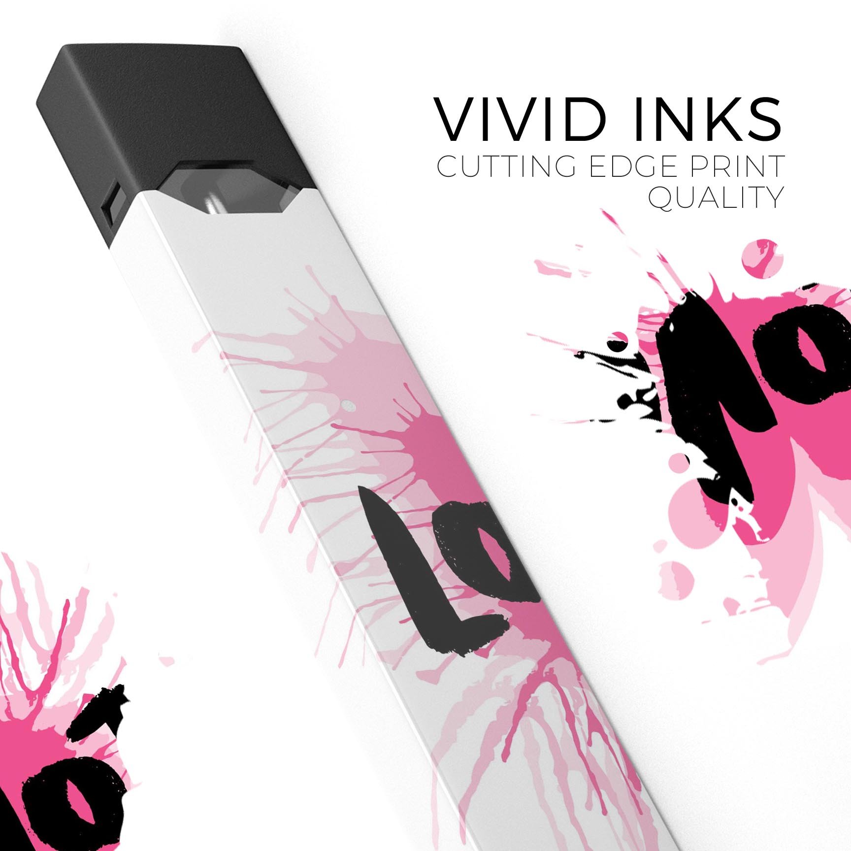 Splattered Pink Love premium decal skin-wrap sticker designed for JUUL vaping device, showcasing vibrant colors and precise cut.