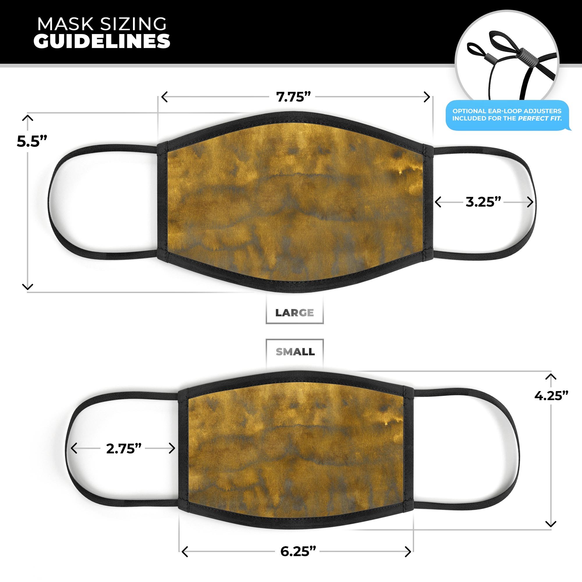 Splotched Golden Pattern mouth cover, showcasing vibrant colors and adjustable ear loops for a perfect fit.