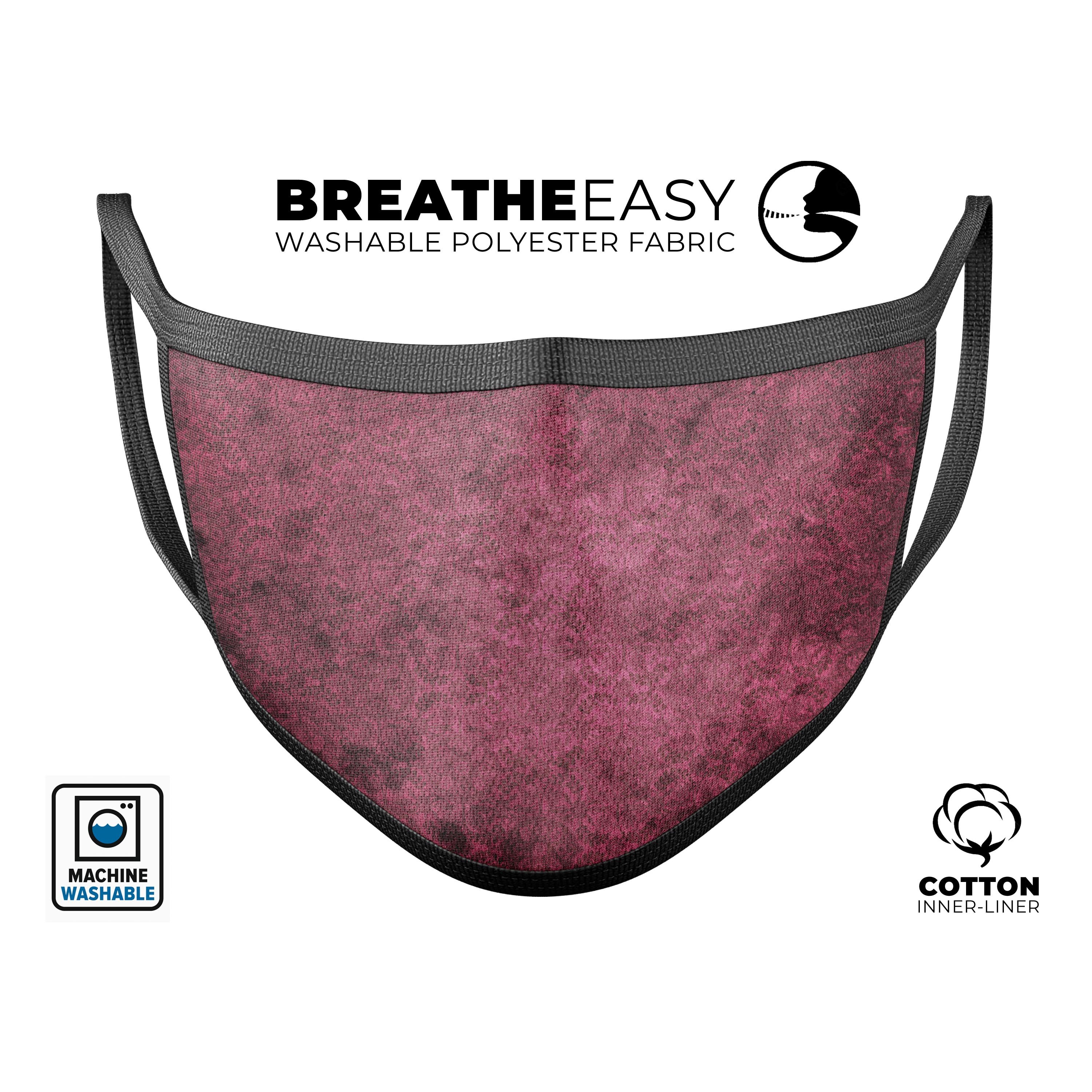 Splotched Maroon Pattern mouth cover, showcasing adjustable ear loops and soft cotton interior, perfect for everyday use.