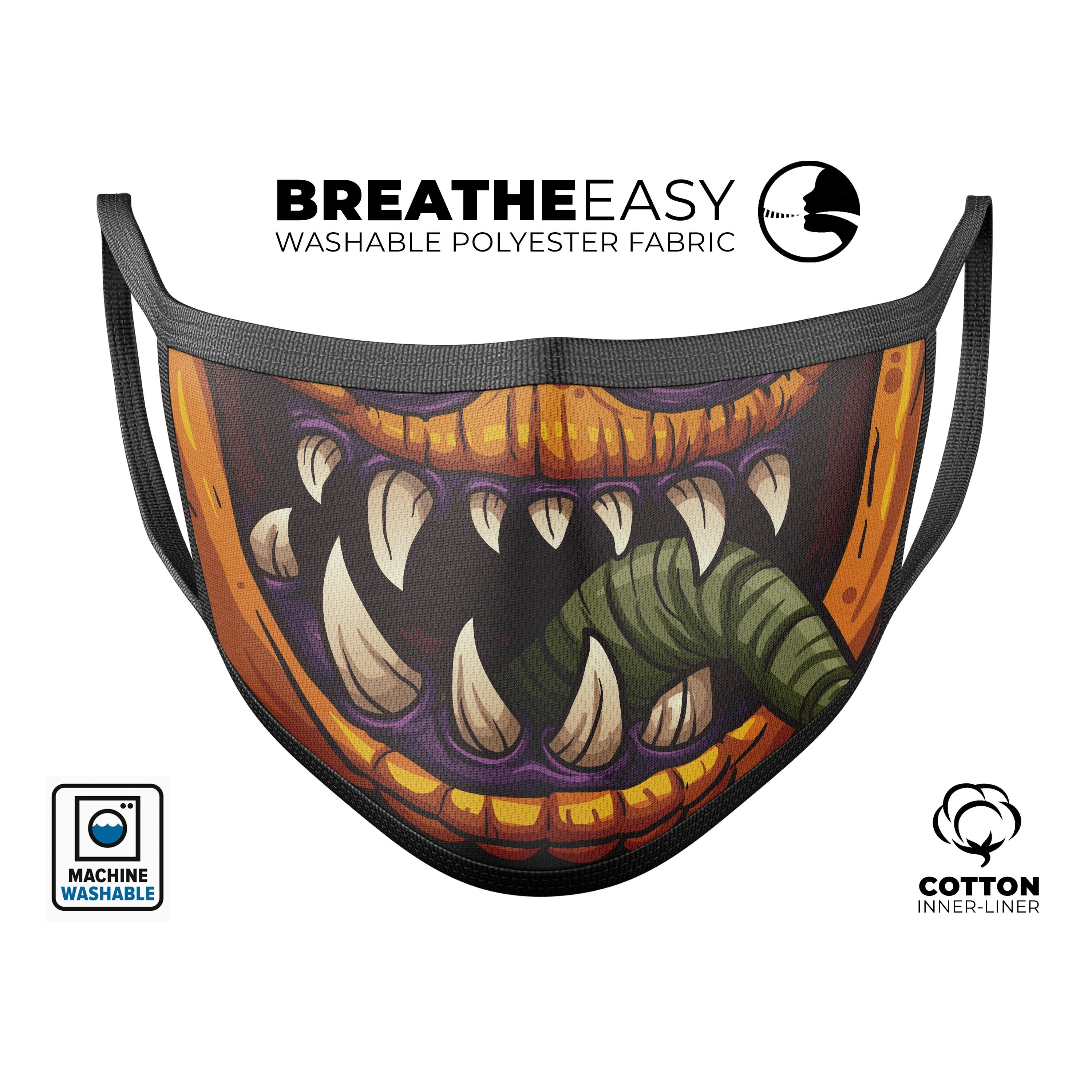 Spooky Pumpkin Monster V1 mouth cover featuring a vibrant Halloween design, adjustable ear loops, and a soft cotton interior.