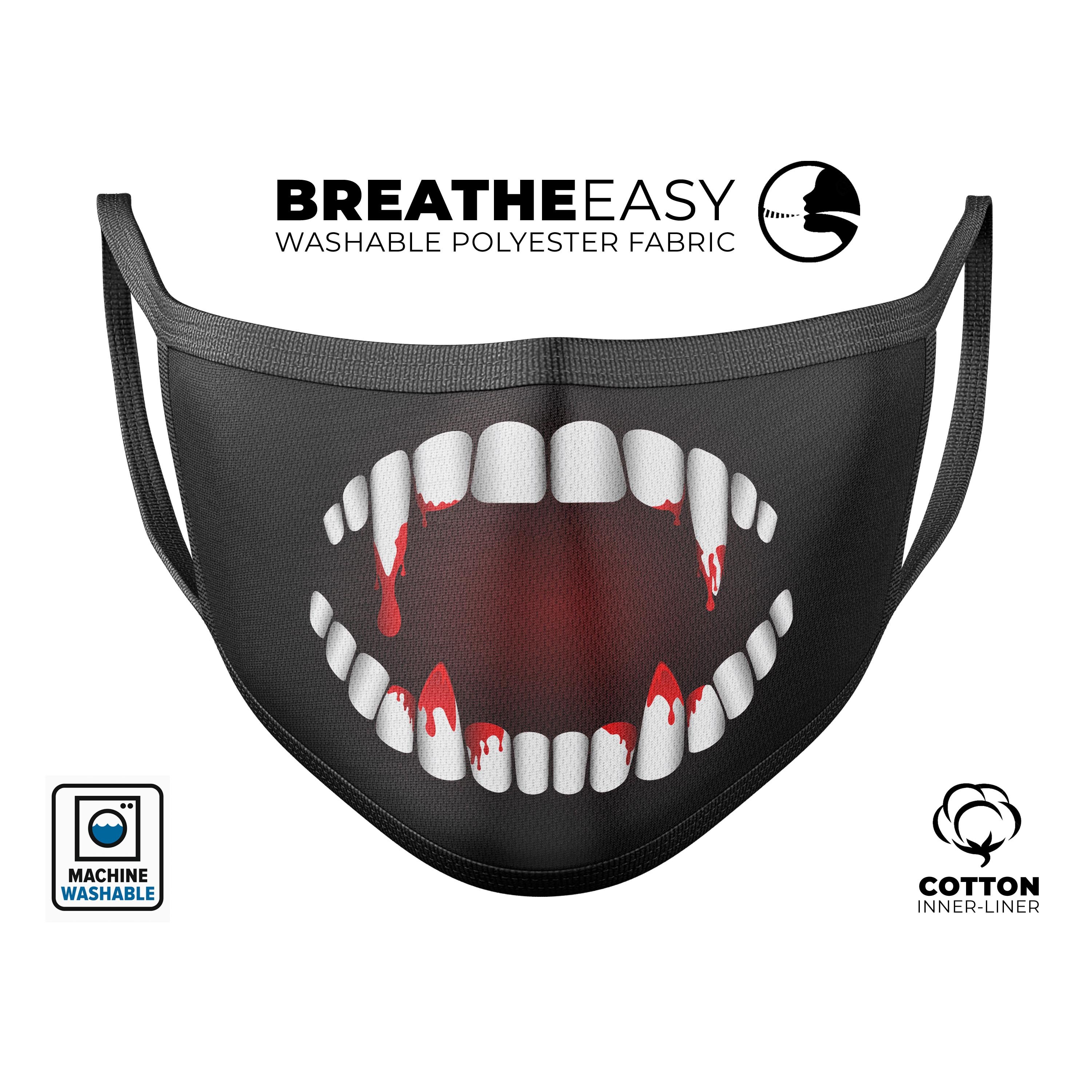 Spooky Vampire Teeth mask featuring a unique design, adjustable ear-loops, and made from comfortable cotton and polyester.