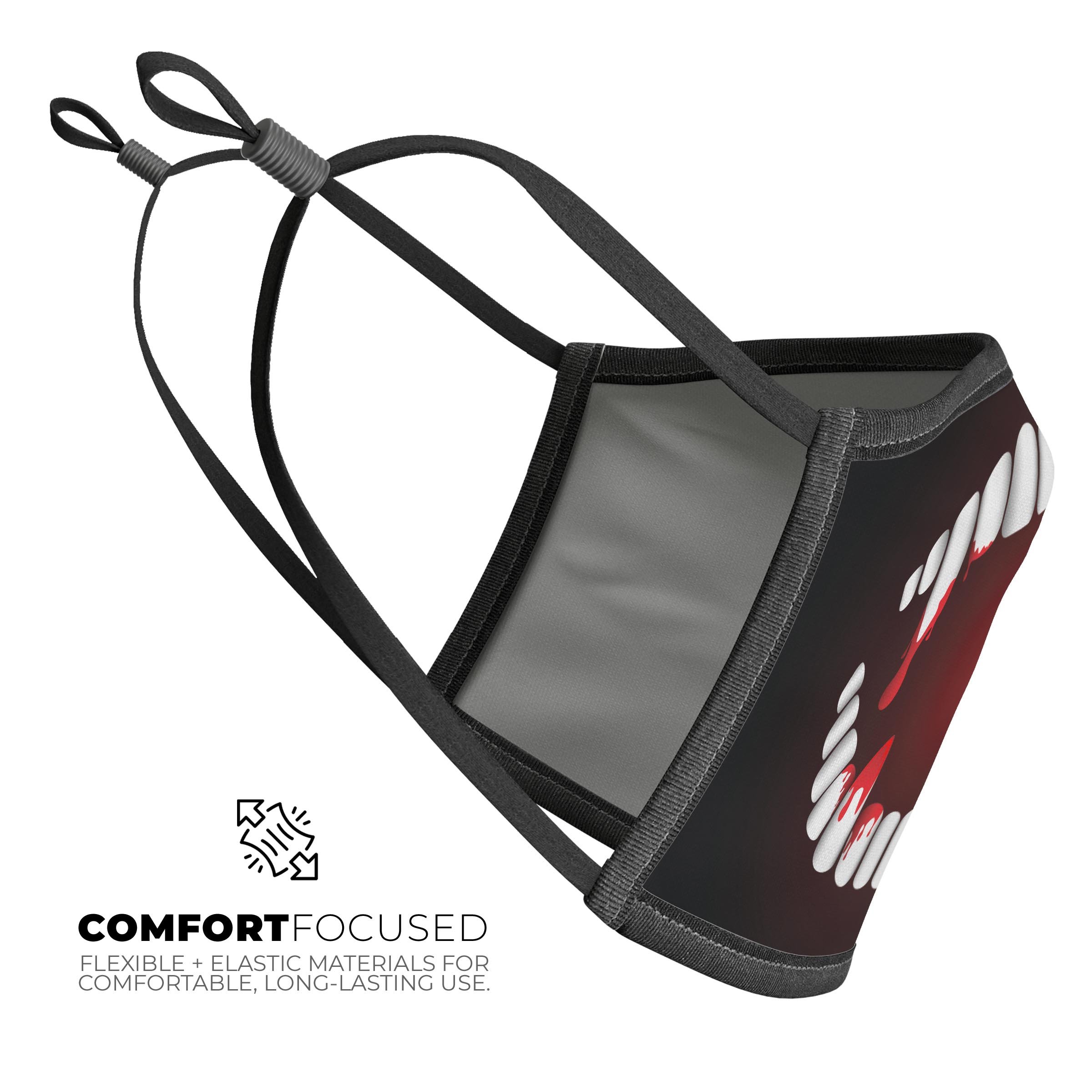 Spooky Vampire Teeth mask featuring a unique design, adjustable ear-loops, and made from comfortable cotton and polyester.