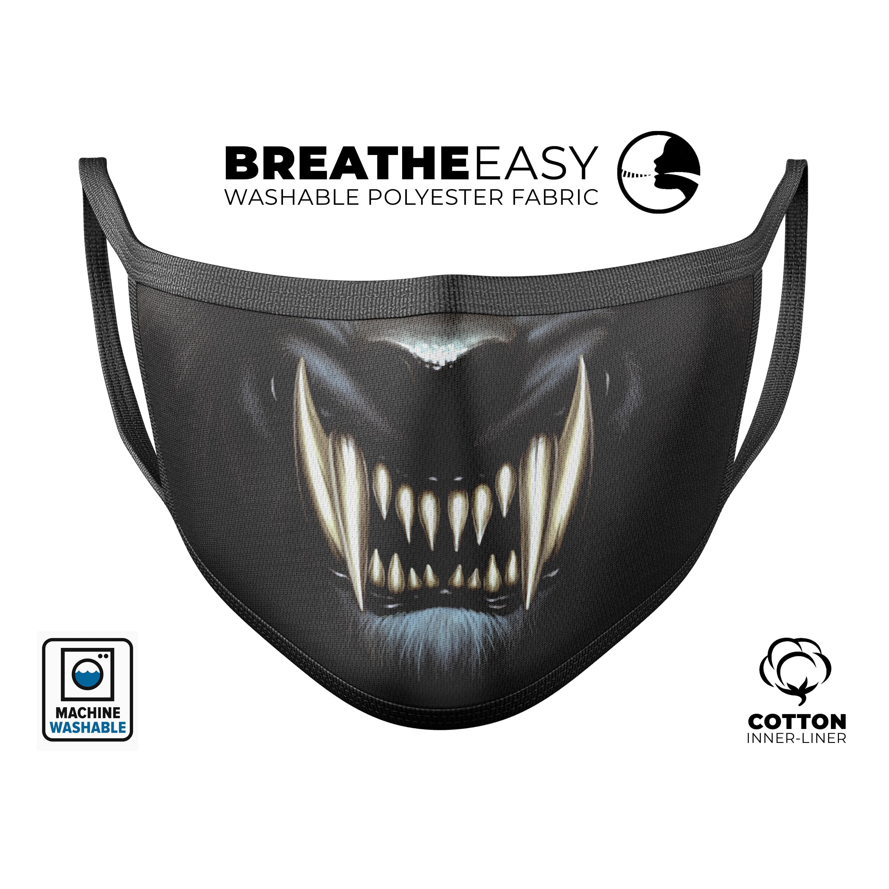 Spooky Werewolf V1 mouth cover featuring a vibrant 3D design, adjustable ear loops, and made from soft cotton for comfort.