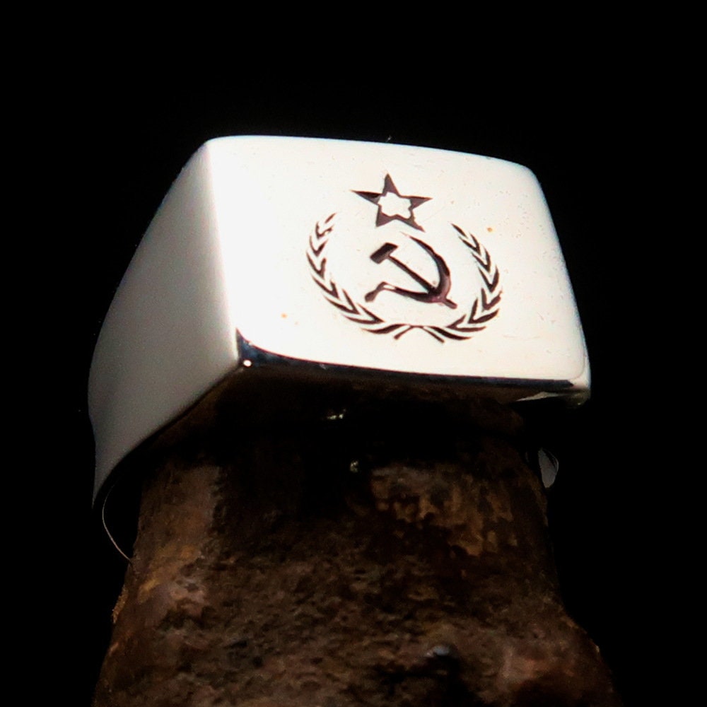 Square shaped Communist Pinky Ring with Red Star Hammer Sickle Crest, crafted from sterling silver with red enamel inlay.