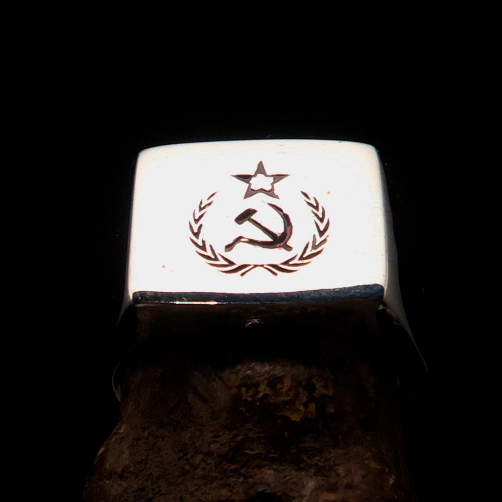 Square shaped Communist Pinky Ring with Red Star Hammer Sickle Crest, crafted from sterling silver with red enamel inlay.