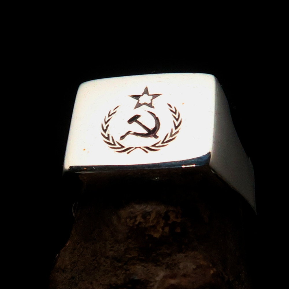 Square shaped Communist Pinky Ring with Red Star Hammer Sickle Crest, crafted from sterling silver with red enamel inlay.