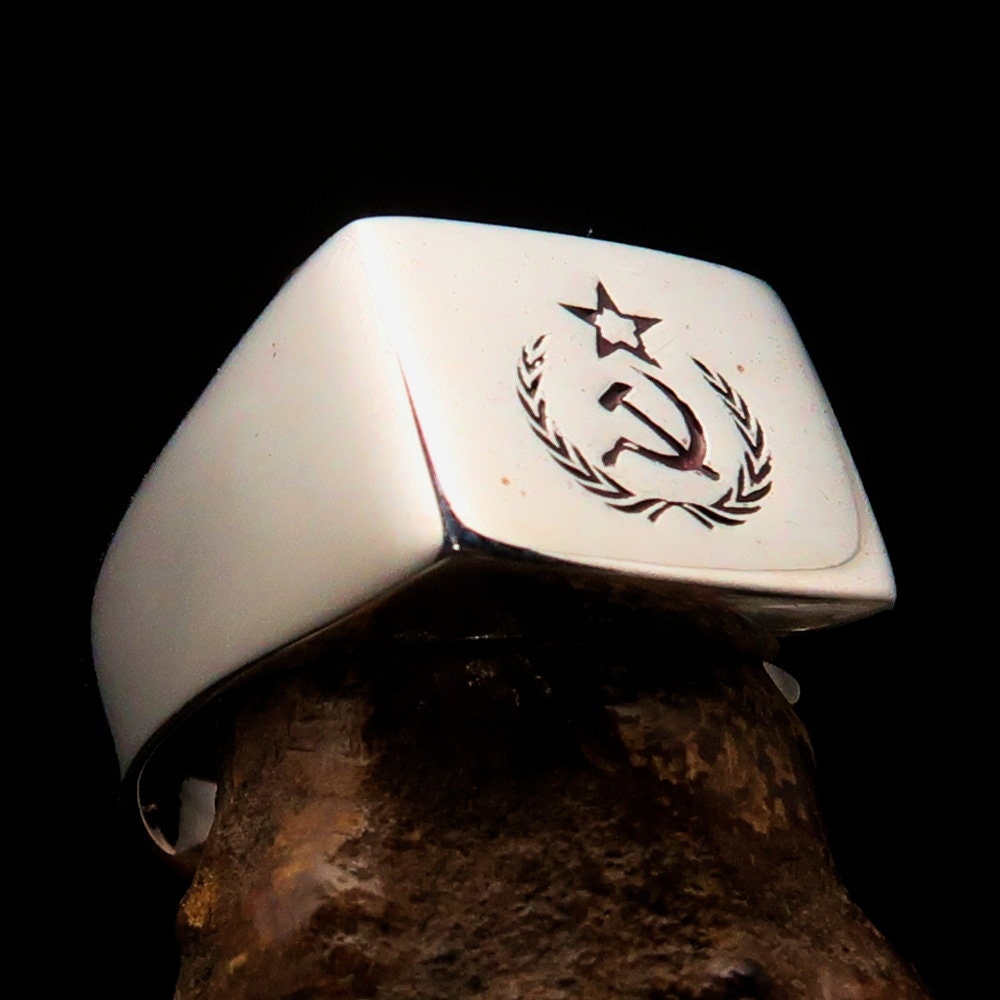 Square shaped Communist Pinky Ring with Red Star Hammer Sickle Crest, crafted from sterling silver with red enamel inlay.