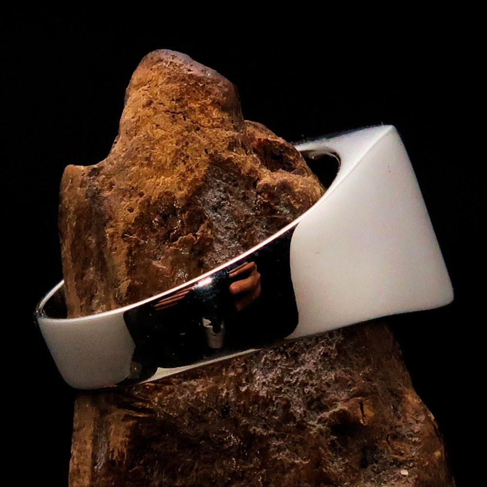 Square shaped Communist Pinky Ring with Red Star Hammer Sickle Crest, crafted from sterling silver with red enamel inlay.