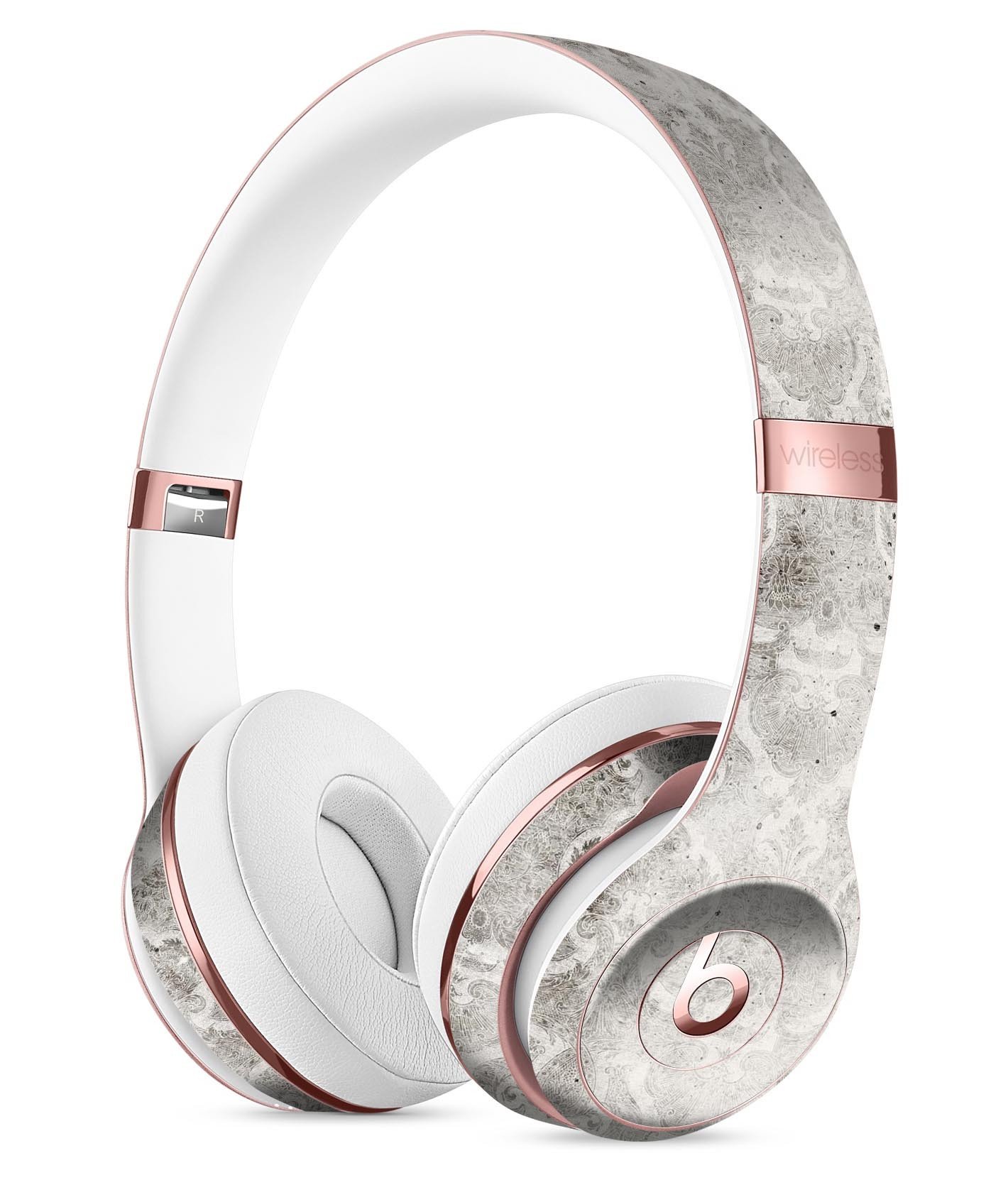 Stained Gray Damask Pattern Skin Kit for Beats by Dre Solo 3 Wireless Headphones, showcasing intricate design and premium vinyl material.