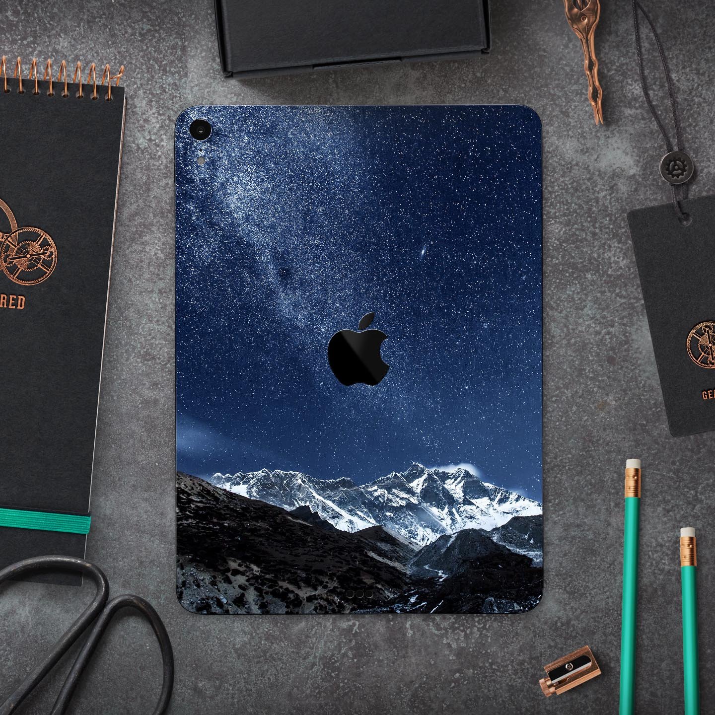 Starry Mountaintop Full Body Skin Decal for Apple iPad Pro, showcasing a beautiful mountain design with premium 3M material.