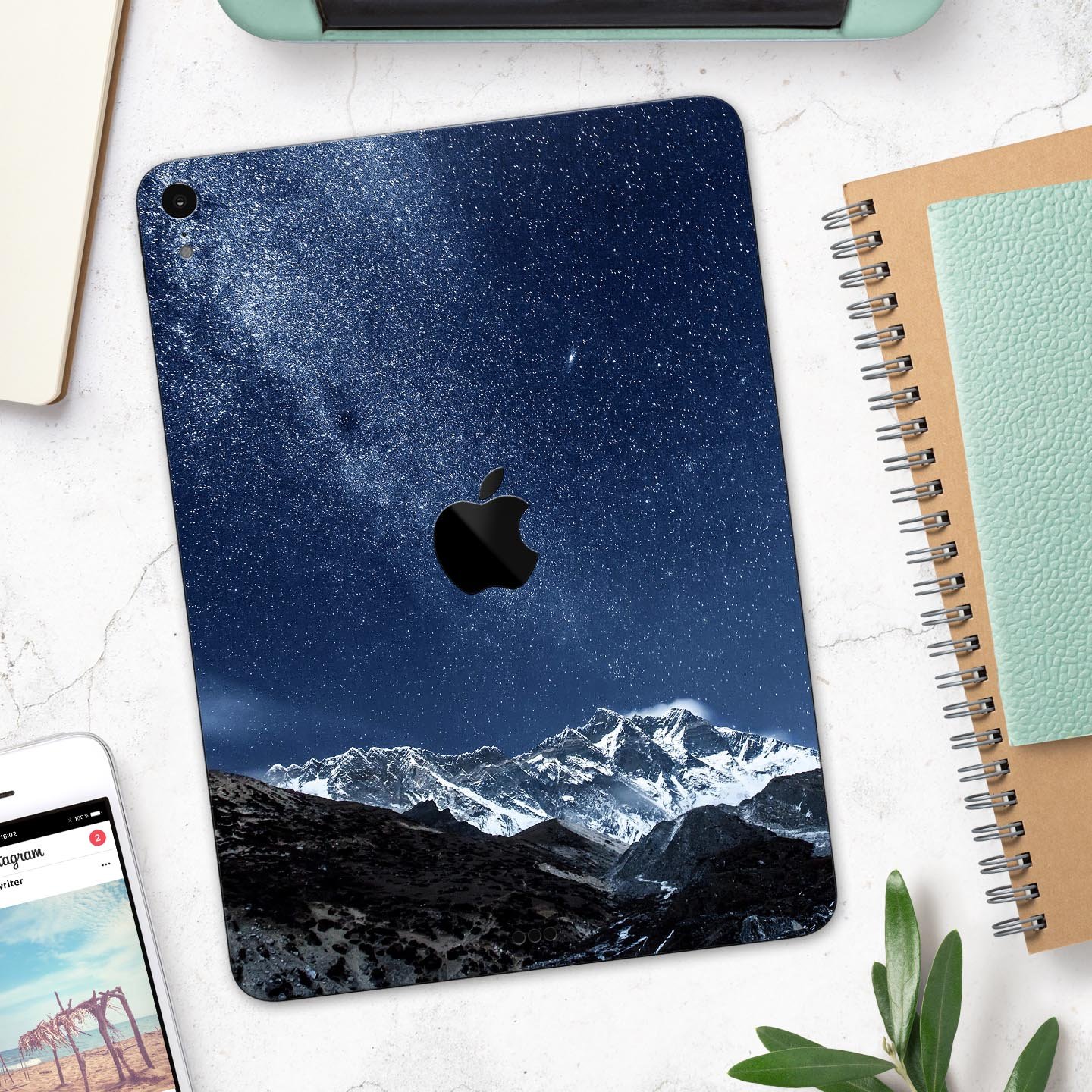 Starry Mountaintop Full Body Skin Decal for Apple iPad Pro, showcasing a beautiful mountain design with premium 3M material.