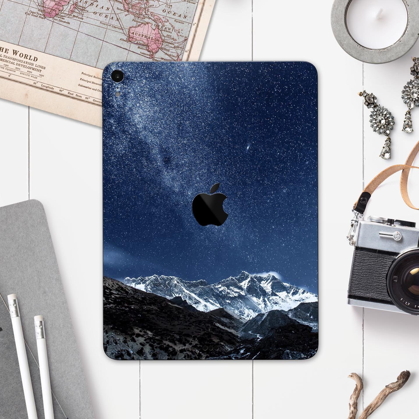 Starry Mountaintop Full Body Skin Decal for Apple iPad Pro, showcasing a beautiful mountain design with premium 3M material.