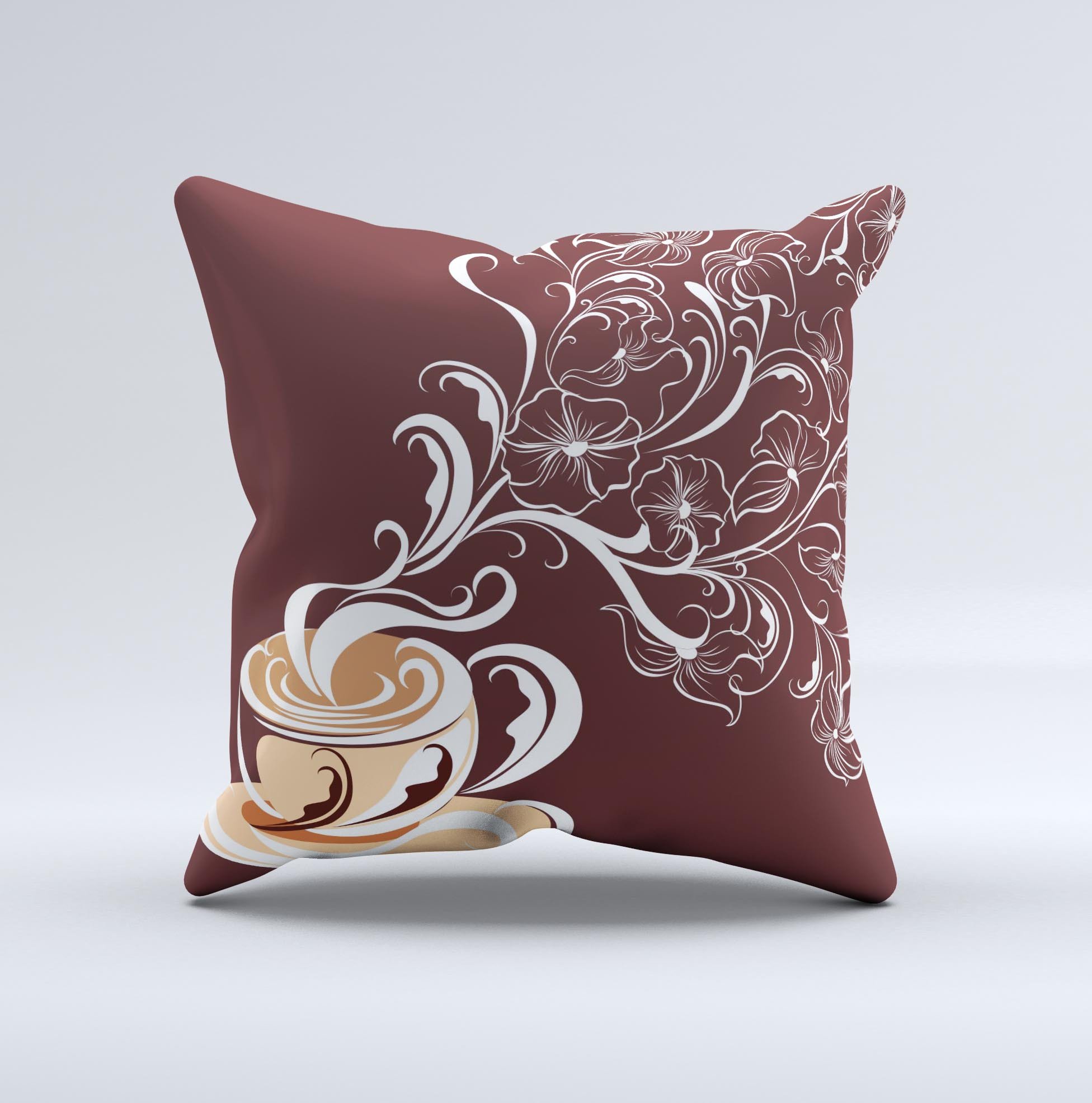 Steaming Vector Coffee Floral Ink-Fuzed Decorative Throw Pillow showcasing a unique floral design with rich coffee tones, handcrafted in Virginia.